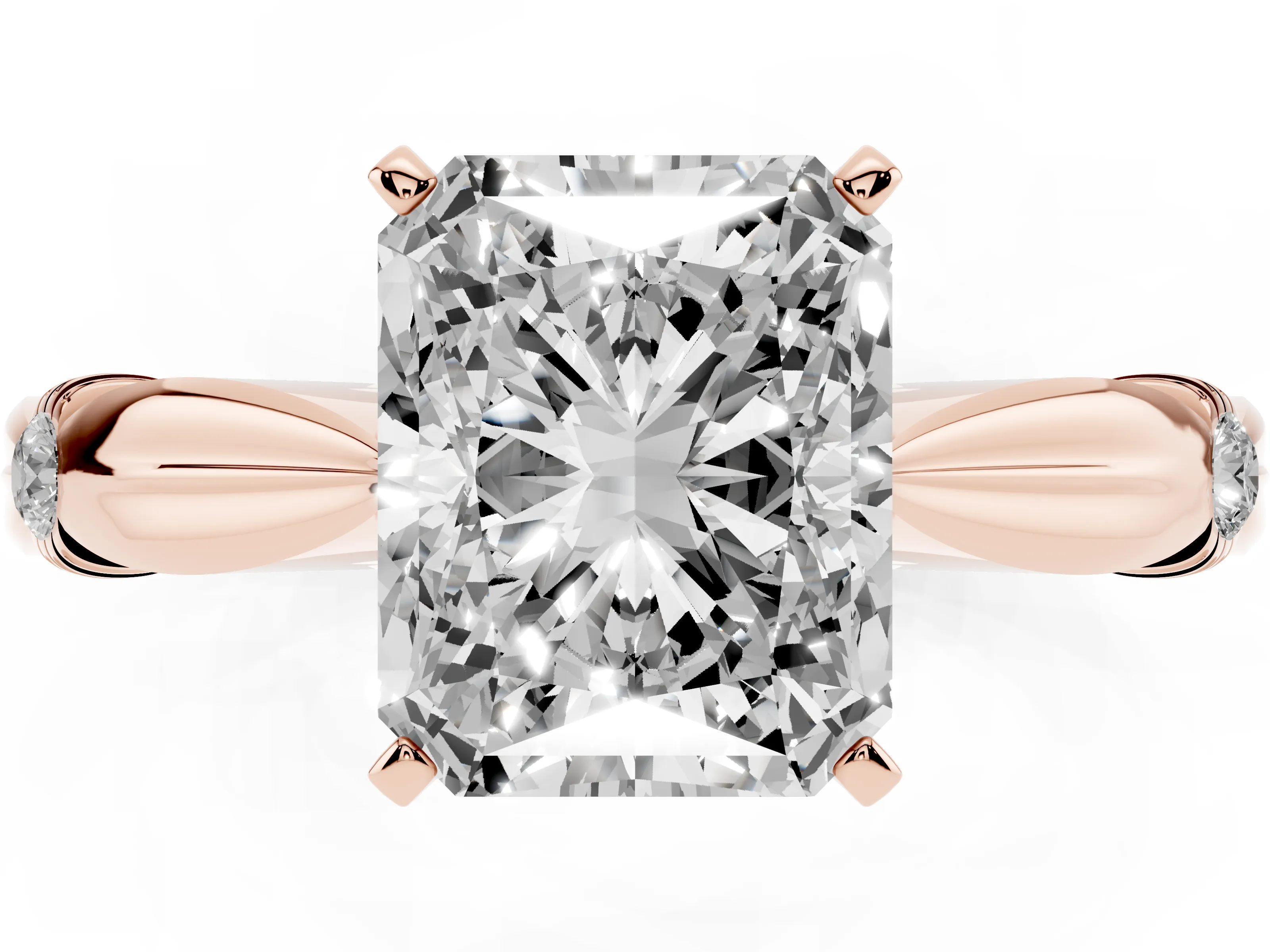 Radiant Cut Diamond Solitaire Twisted Band Ring Set in Rose gold with Accent Stones and Prong Setting