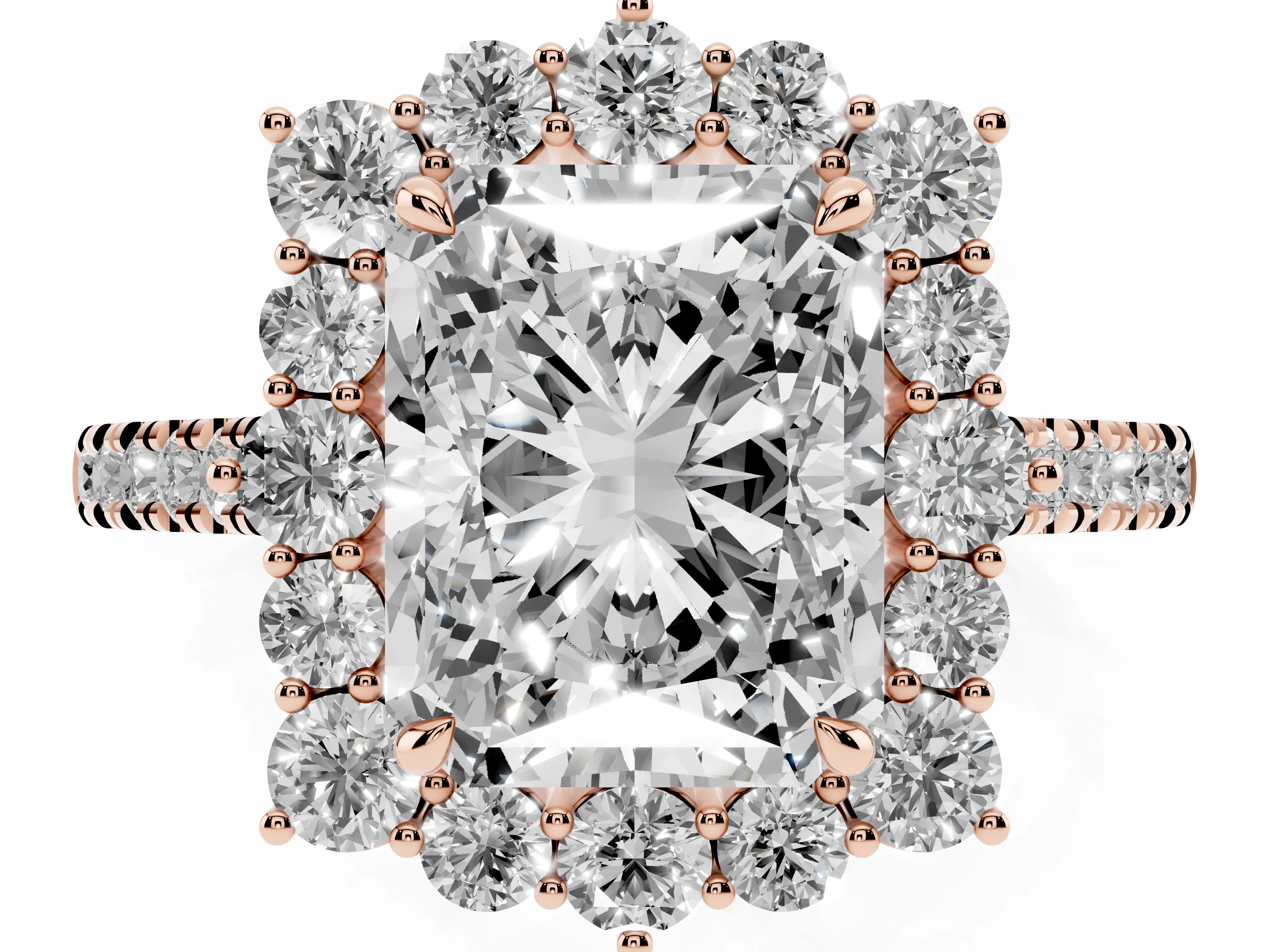 Radiant Cut Diamond Halo Ring Set in Rose gold with Pavé Band and Prong Setting
