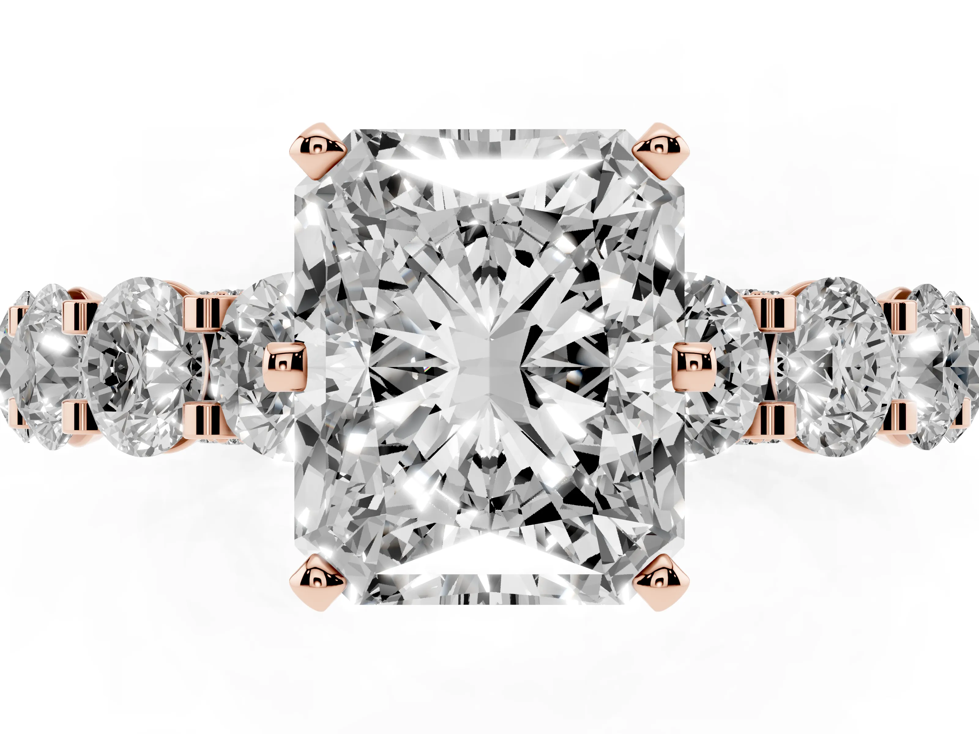 Radiant Cut Diamond Side Stone Ring Set in Rose gold with Alternating Round and Oval Side Stones