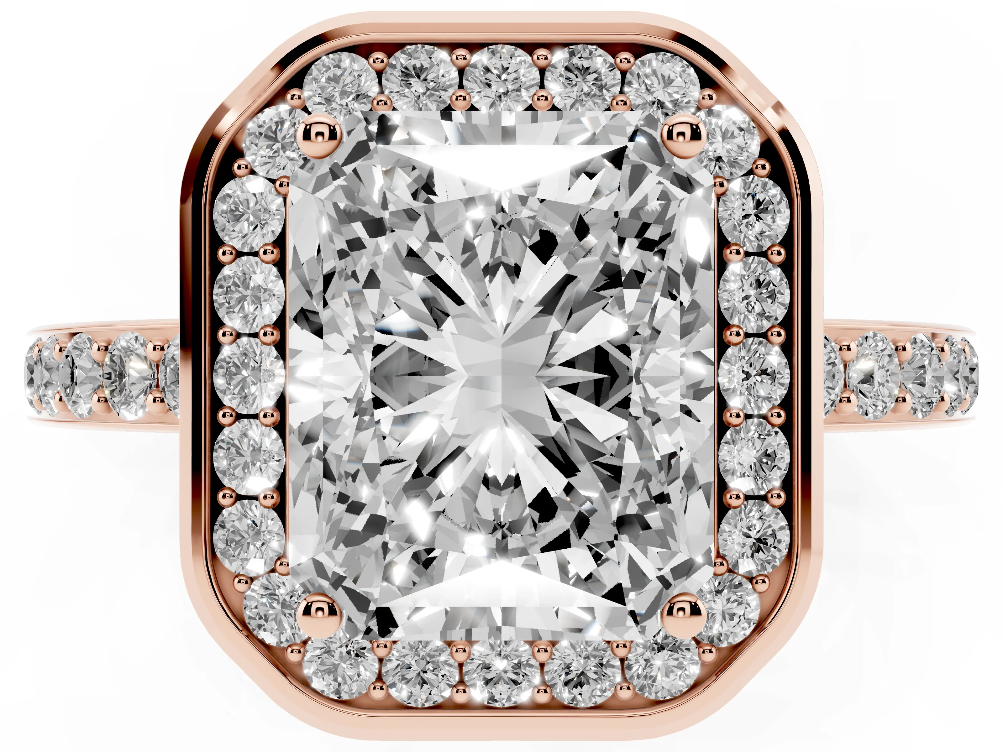 Radiant Cut Diamond Halo Ring Set in Rose gold with Bezel Frame and Pavé Band