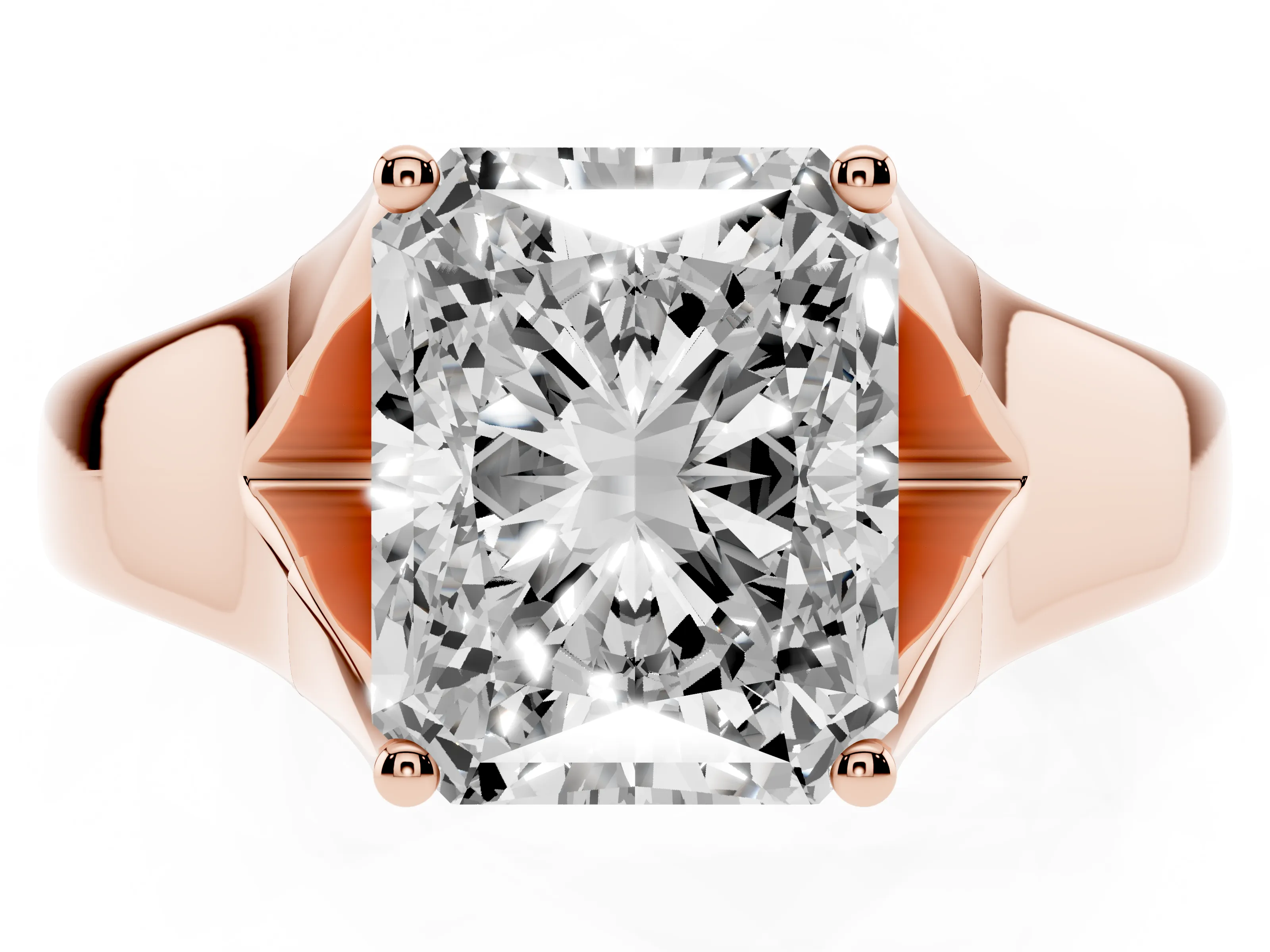Radiant Cut Diamond Solitaire Ring Set in Rose gold with Arched Cathedral Band and Prong Setting