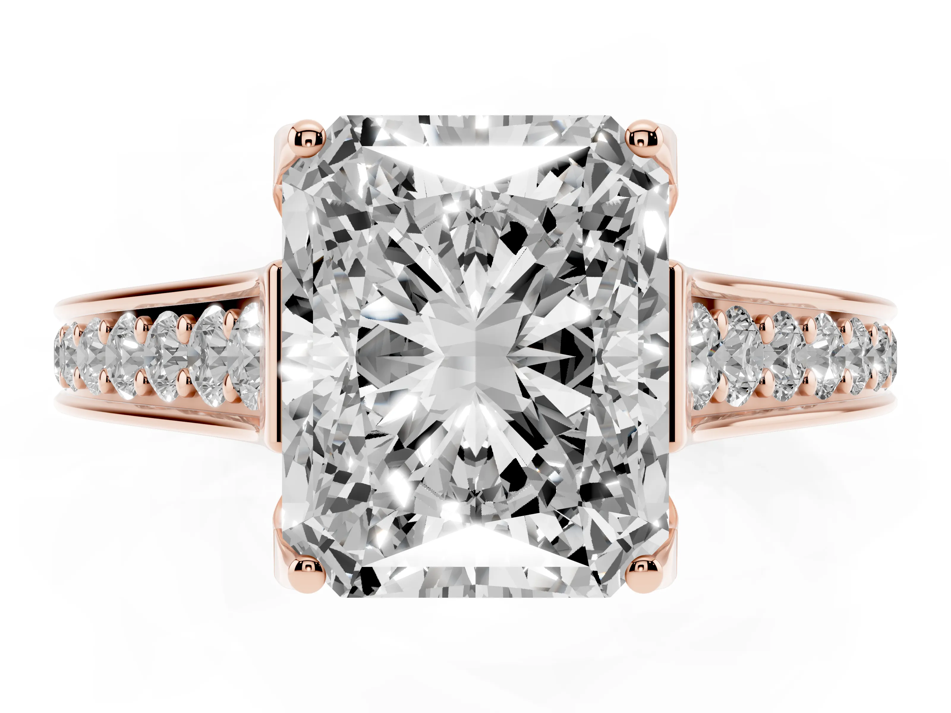 Radiant Cut Diamond Solitaire Pavé Engagement Ring Set in Rose gold with Prong Setting