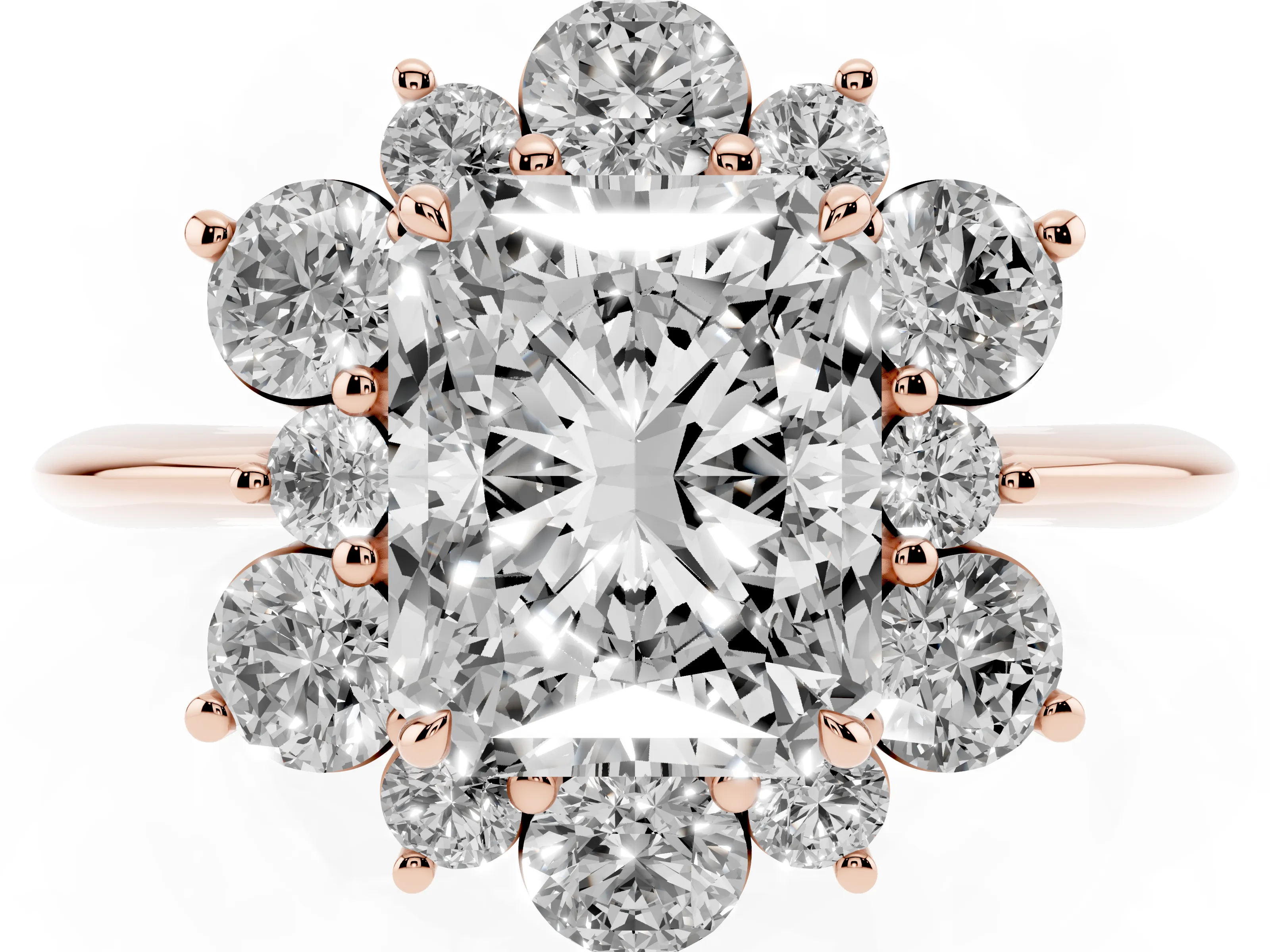 Radiant Cut Diamond Cluster Halo Ring Set in Rose gold with Solitaire Band and Prong Setting