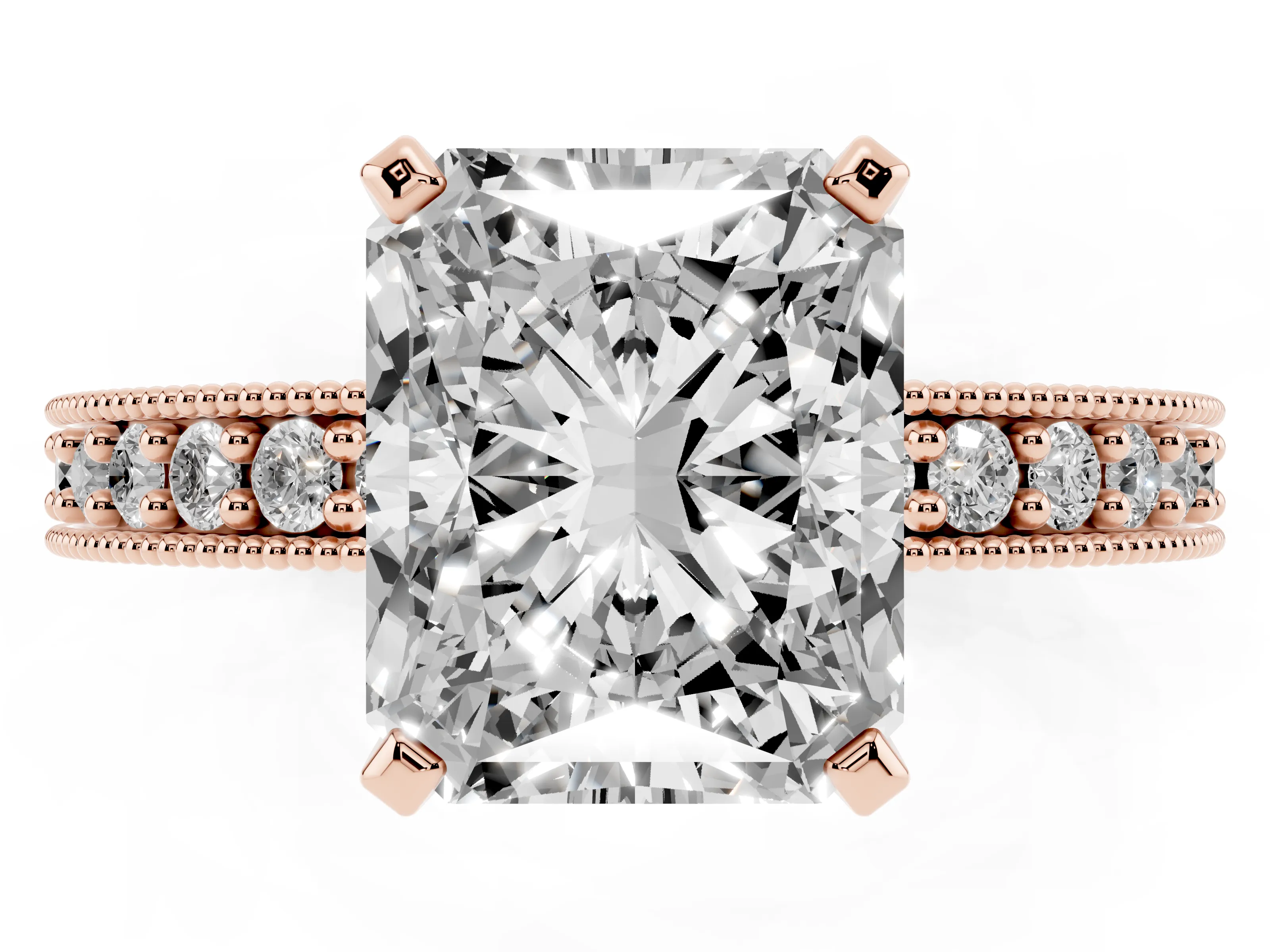 Radiant Cut Diamond Milgrain Pavé Engagement Ring Set in Rose gold with Prong Setting