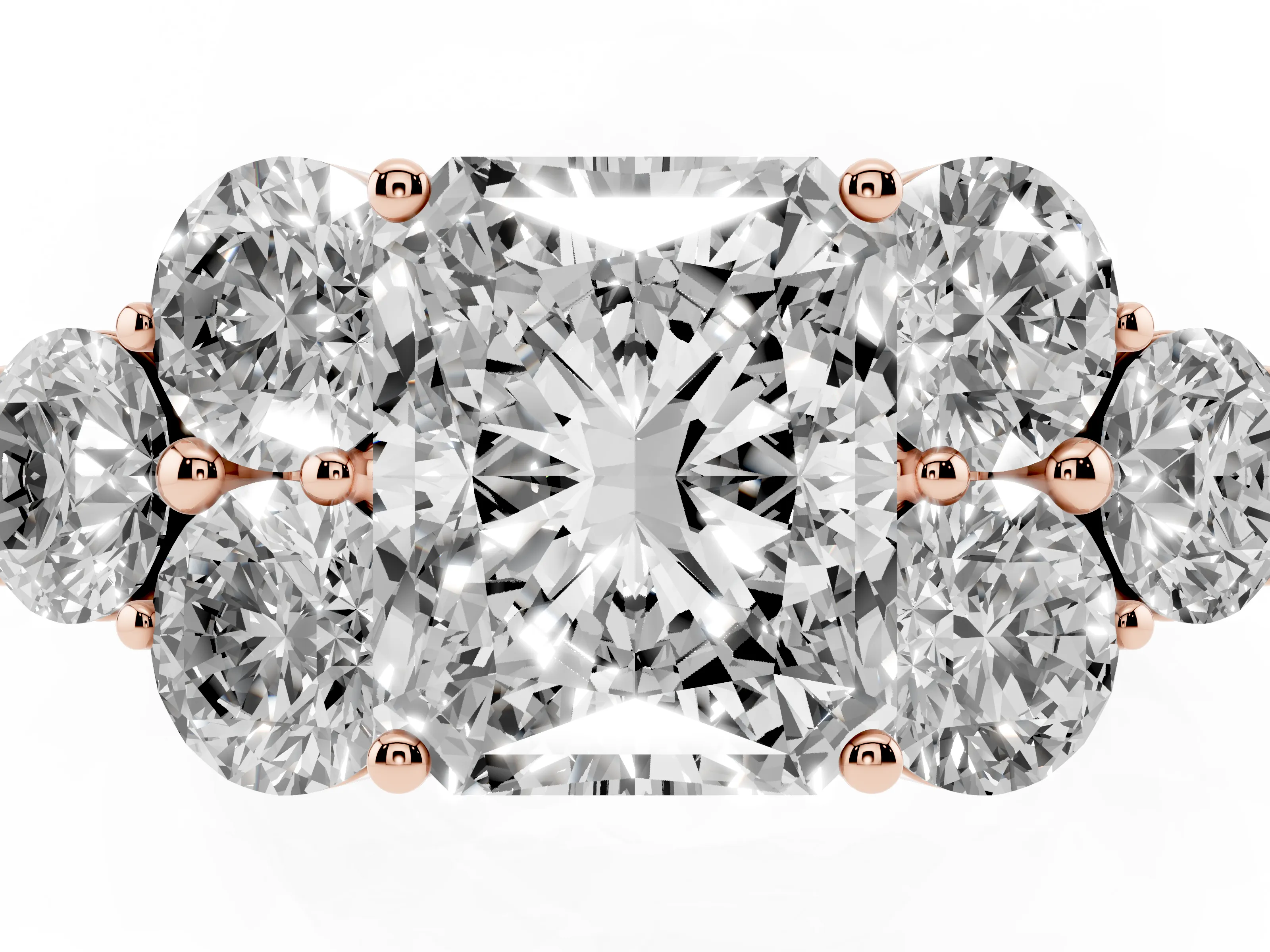 Radiant Cut Diamond Cluster Ring Set in Rose gold with Round Accent Stones and Prong Setting on a Plain Band