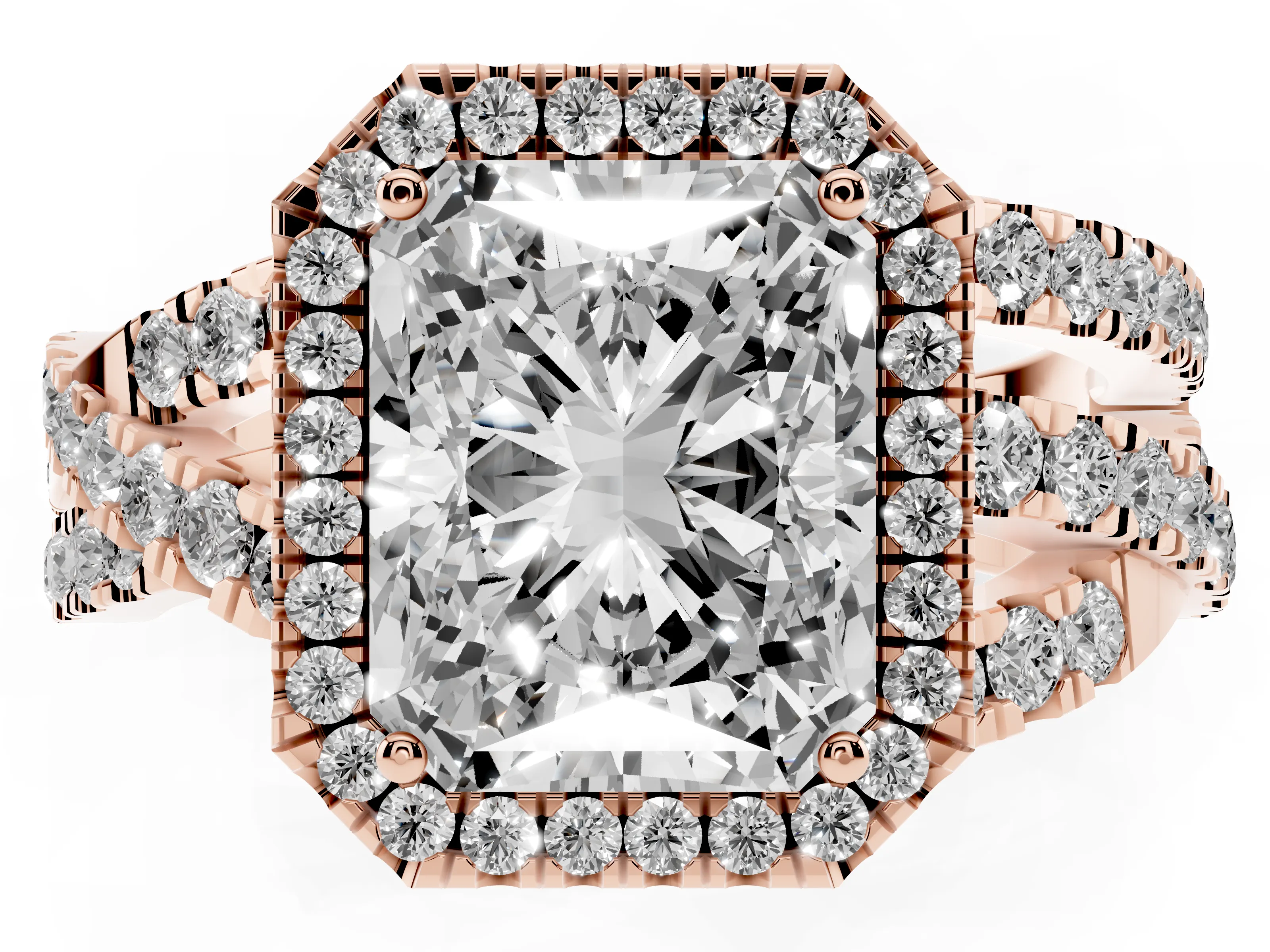 Radiant Cut Diamond Halo Ring Set in Rose gold with Round Crossover Split Shank and Prong Setting