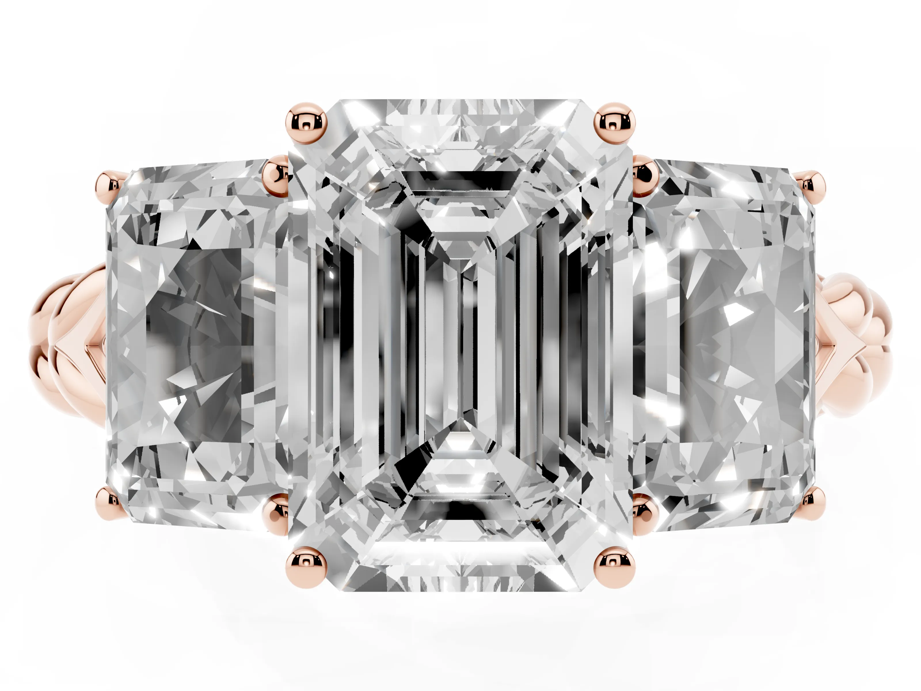 Radiant Cut Diamond Three-Stone Ring Set in Rose gold with Braided Band