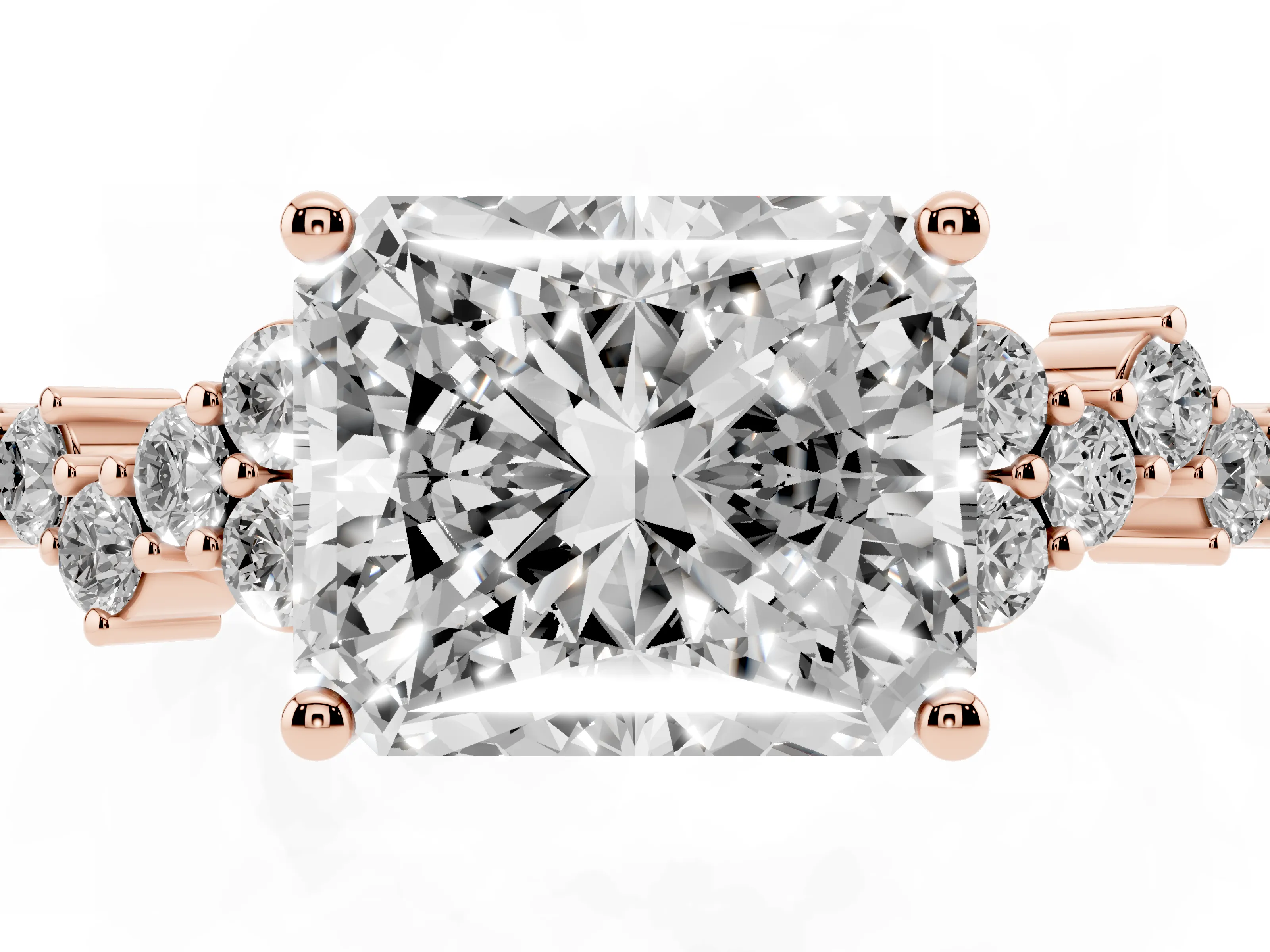 Radiant Cut Diamond Ring Set in Rose gold with Scattered Round Accents
