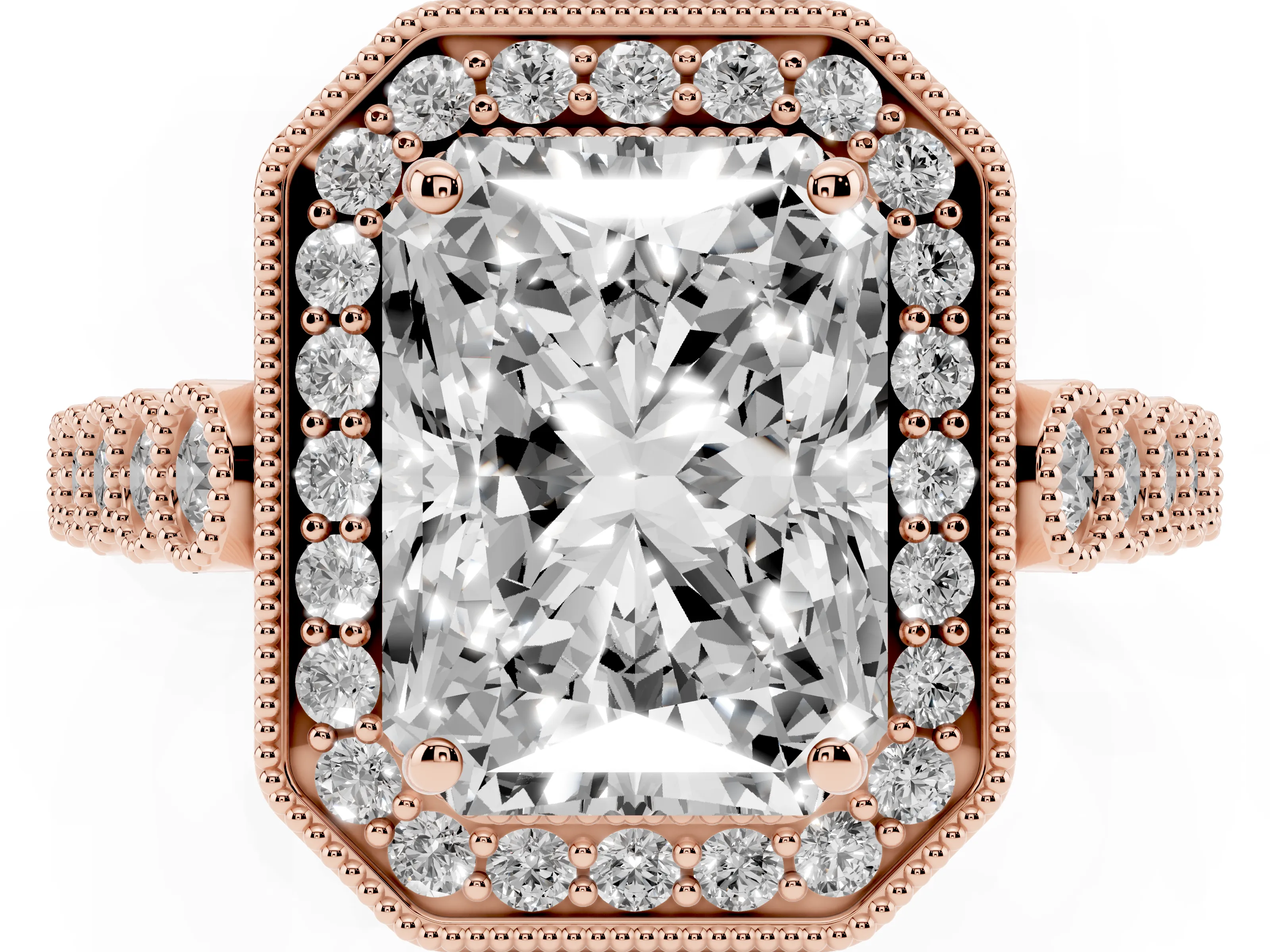 Radiant Cut Diamond Milgrain Halo Solitaire Ring Set in Rose gold with Bezel Set Side Stones and Pavé Band