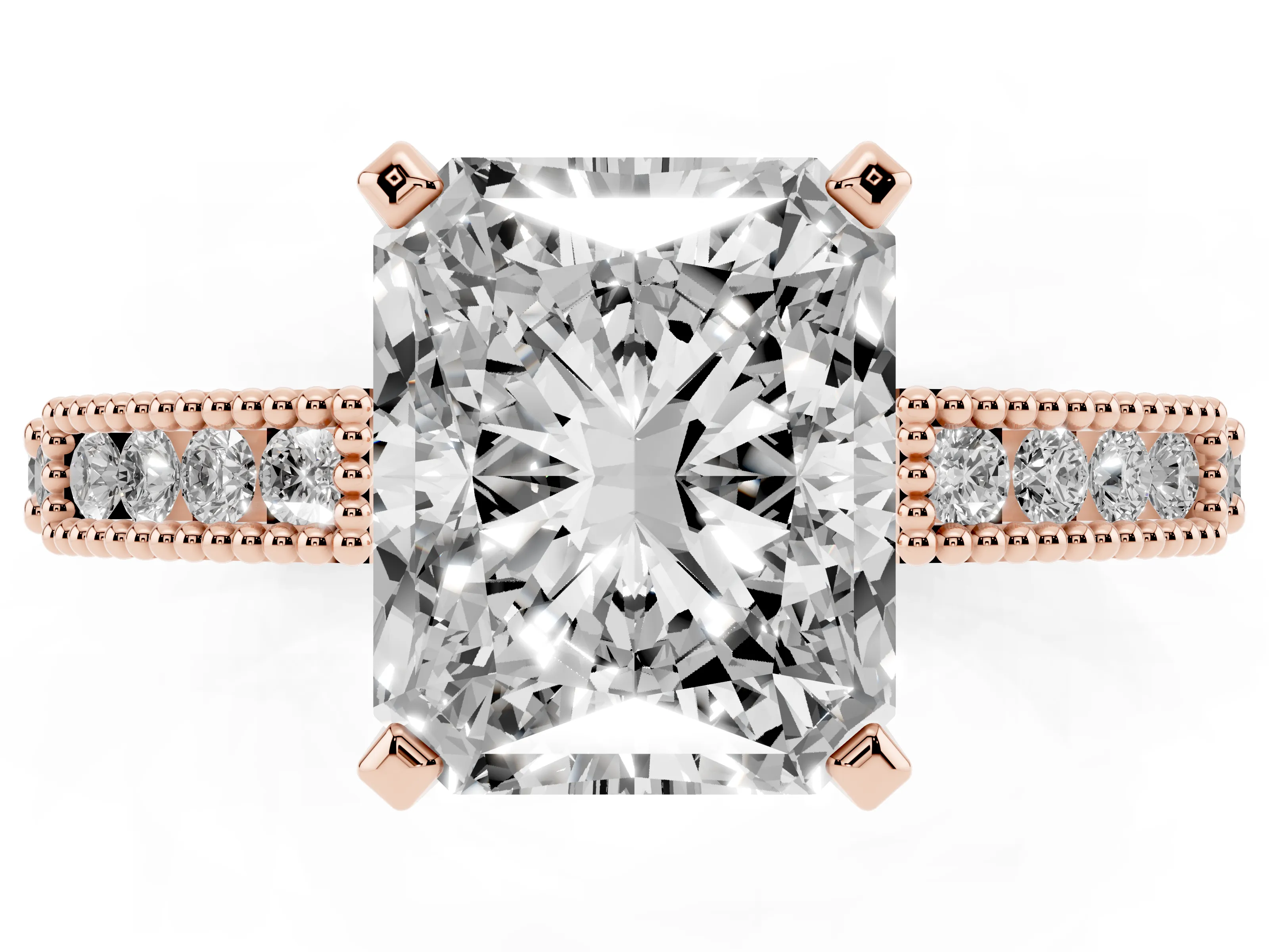 Radiant Cut Diamond Solitaire Ring Set in Rose gold with Slim Pavé Band and Prong Setting