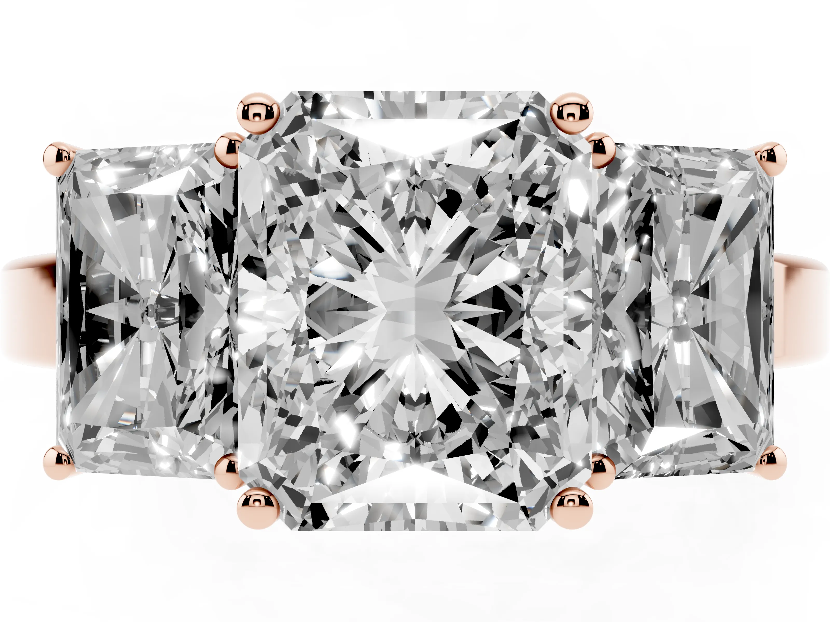 Radiant Cut Diamond Three-Stone Engagement Ring Set in Rose gold with Flat Band