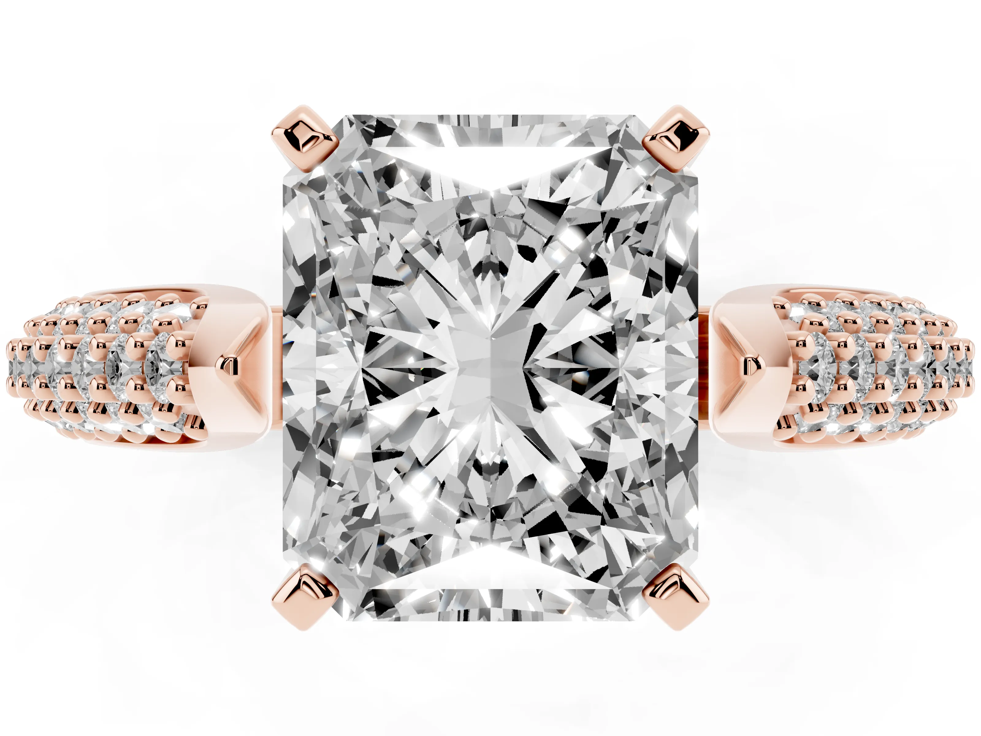 Radiant Cut Diamond Solitaire Engagement Ring Set in Rose gold with Multi-Row Round Pavé Band and Prong Setting