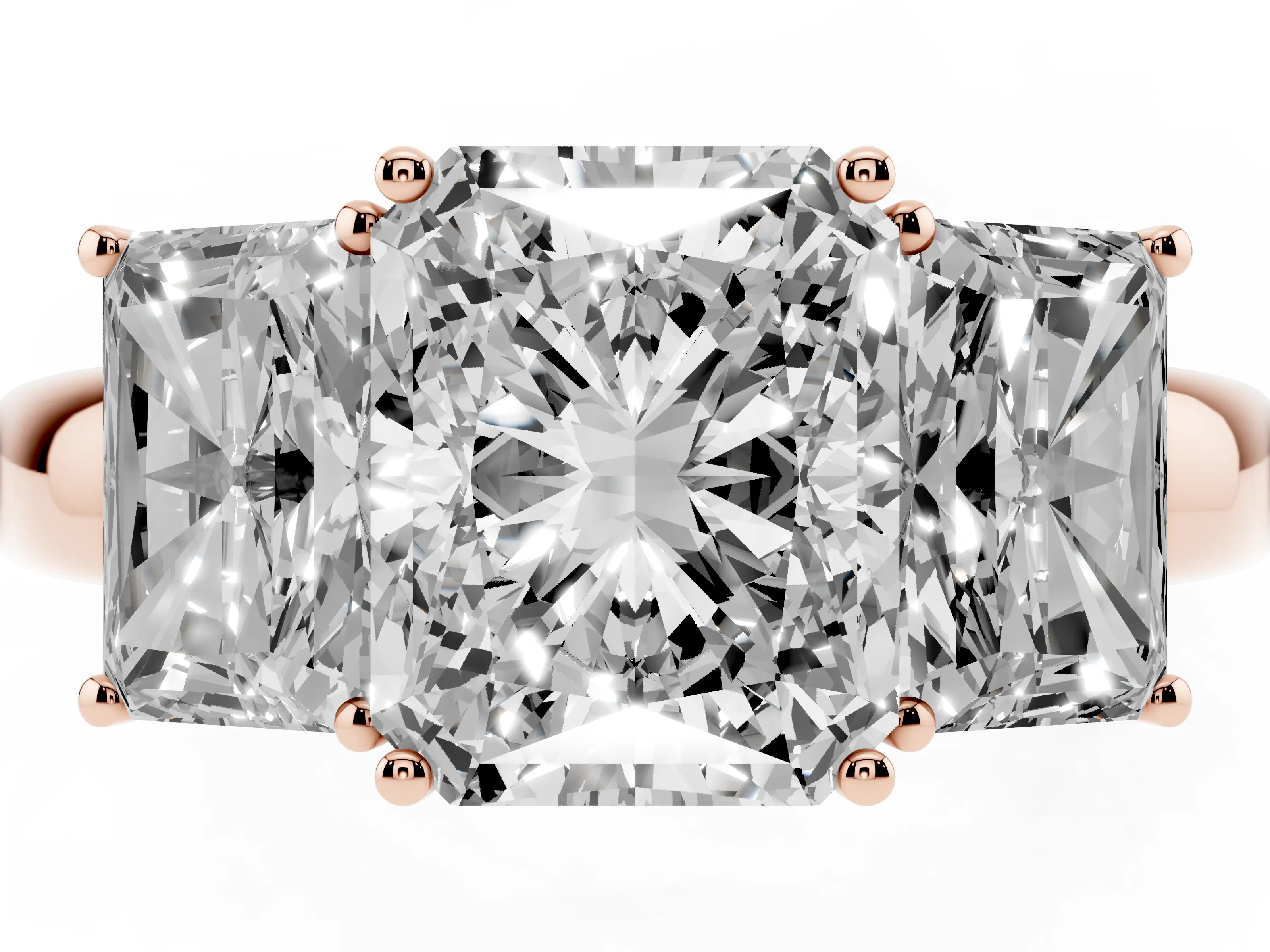 Radiant Cut Diamond Three-Stone Ring Set in Rose gold with Bold Center and Classic Band