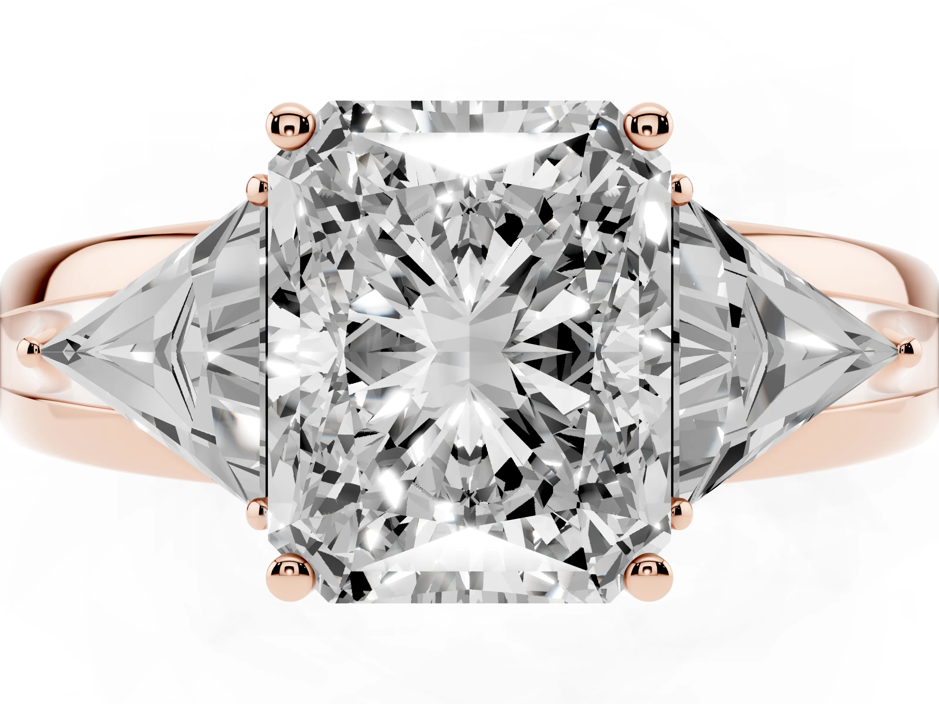 Radiant Cut Diamond Three-Stone Ring Set in Rose gold with Trillion Side Stones and Split Shank