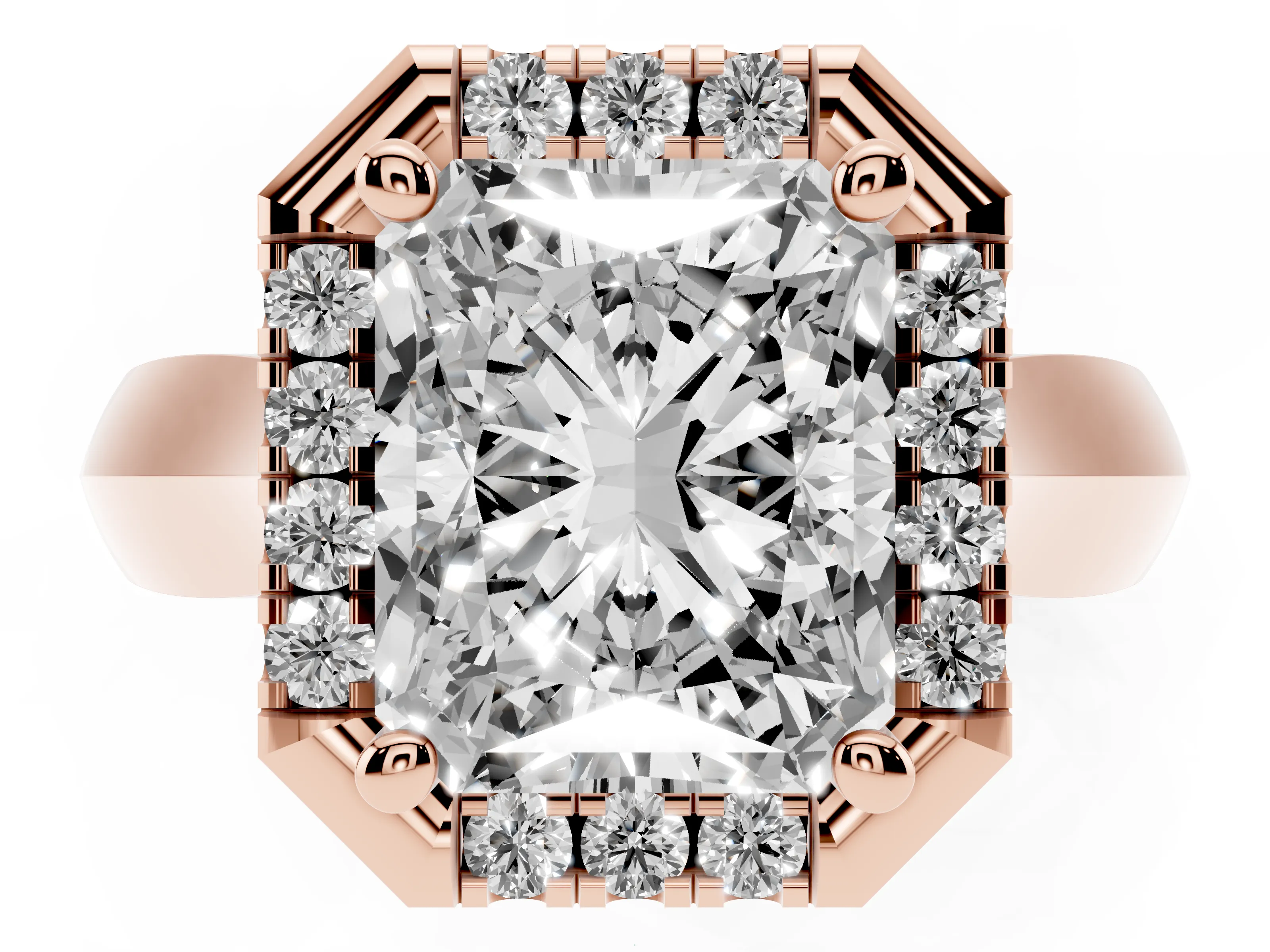 Radiant Cut Diamond Halo Solitaire Engagement Ring Set in Rose gold with Square Band and Prong Setting