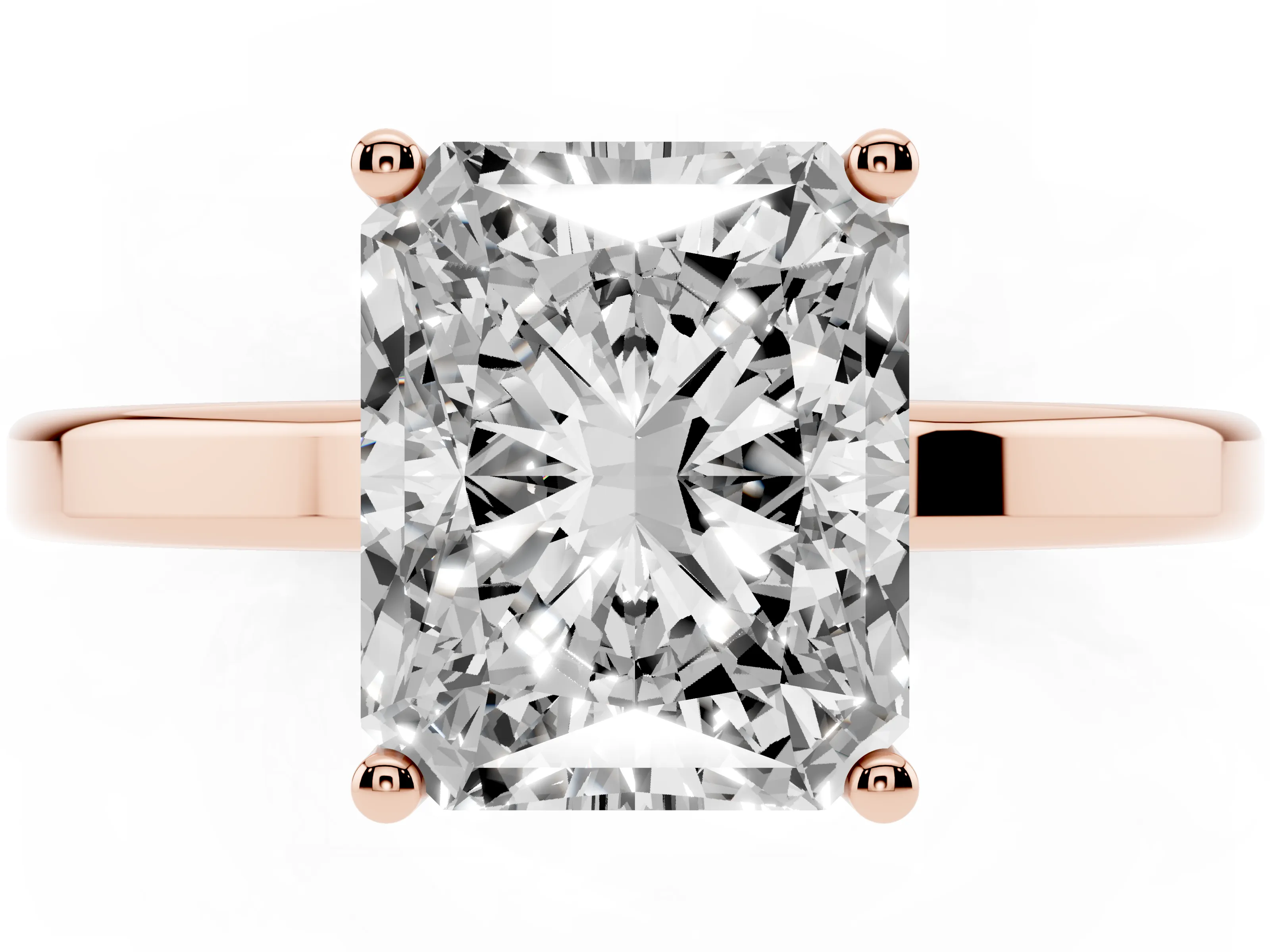 Radiant Cut Diamond Solitaire Engagement Ring Set in Rose gold with Prong Setting on a Plain Band