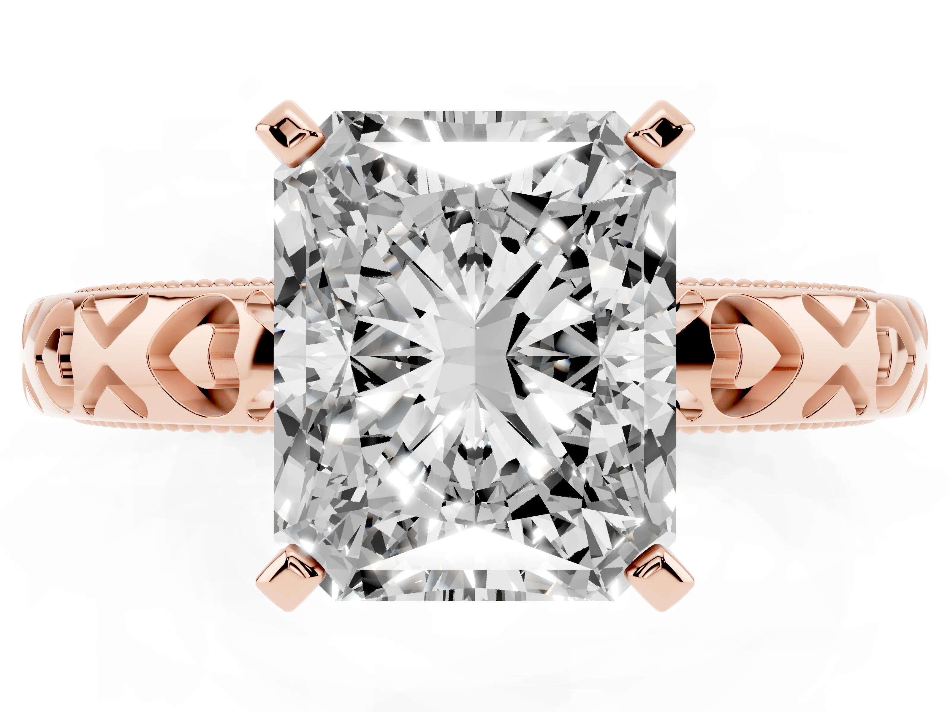 Radiant Cut Diamond Solitaire Engagement Ring Set in Rose gold with XO Engraved Band and Prong Setting