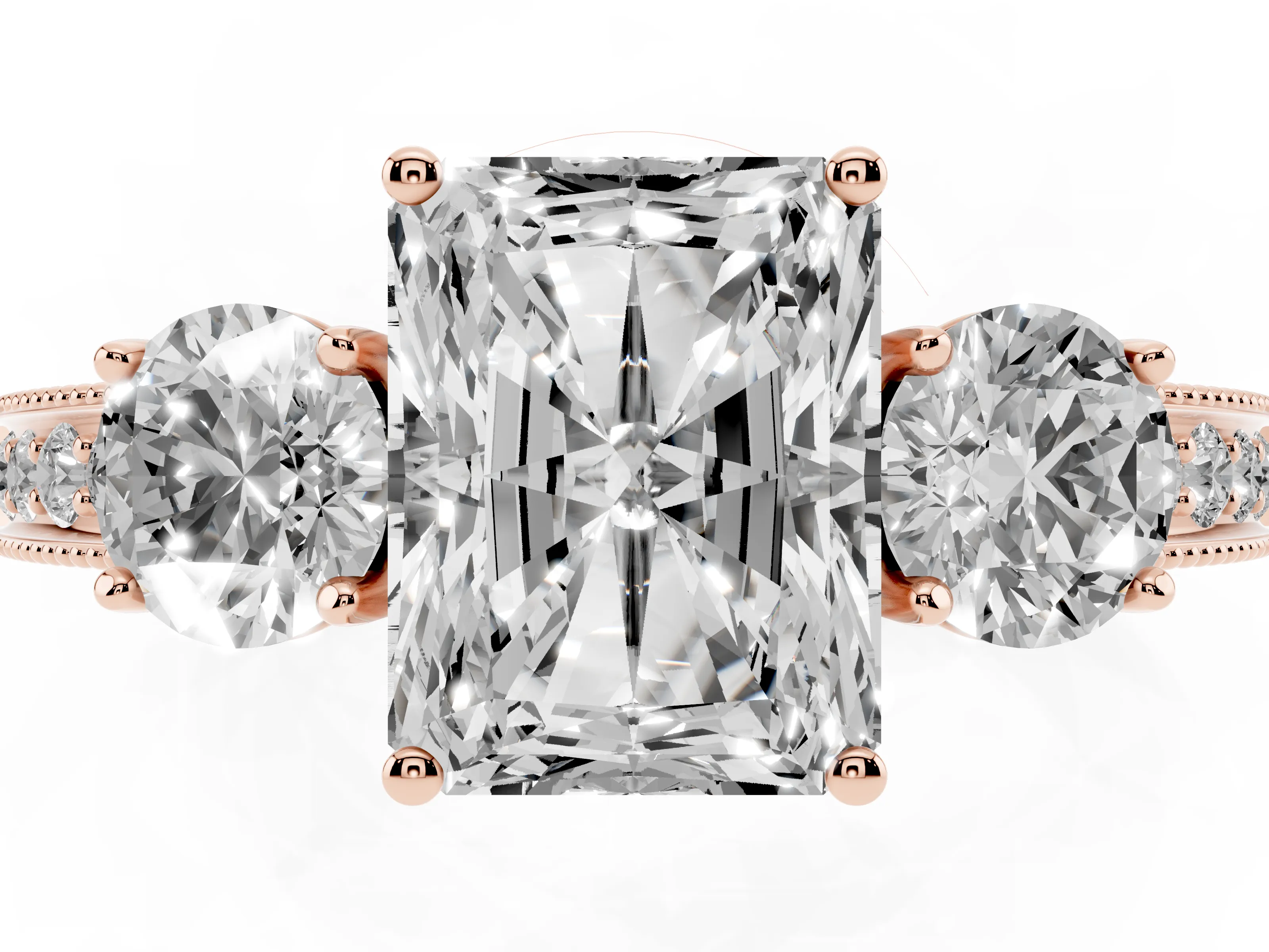Radiant Cut Diamond Three-Stone Ring Set in Rose gold with Round Side Stones and Pavé Band