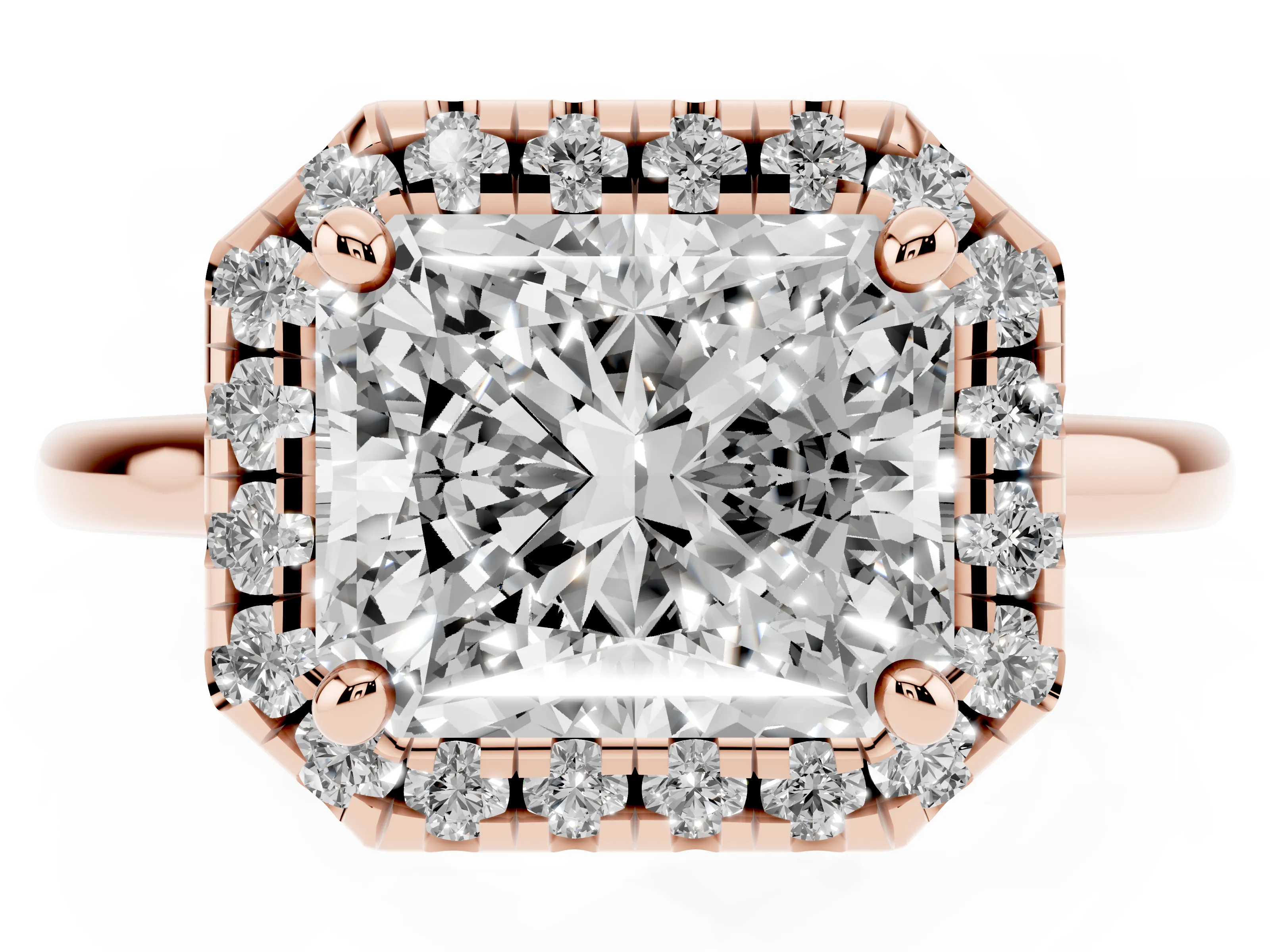 Radiant Cut Diamond Halo Engagement Ring Set in Rose gold with Pavé Band and Rising Shoulders