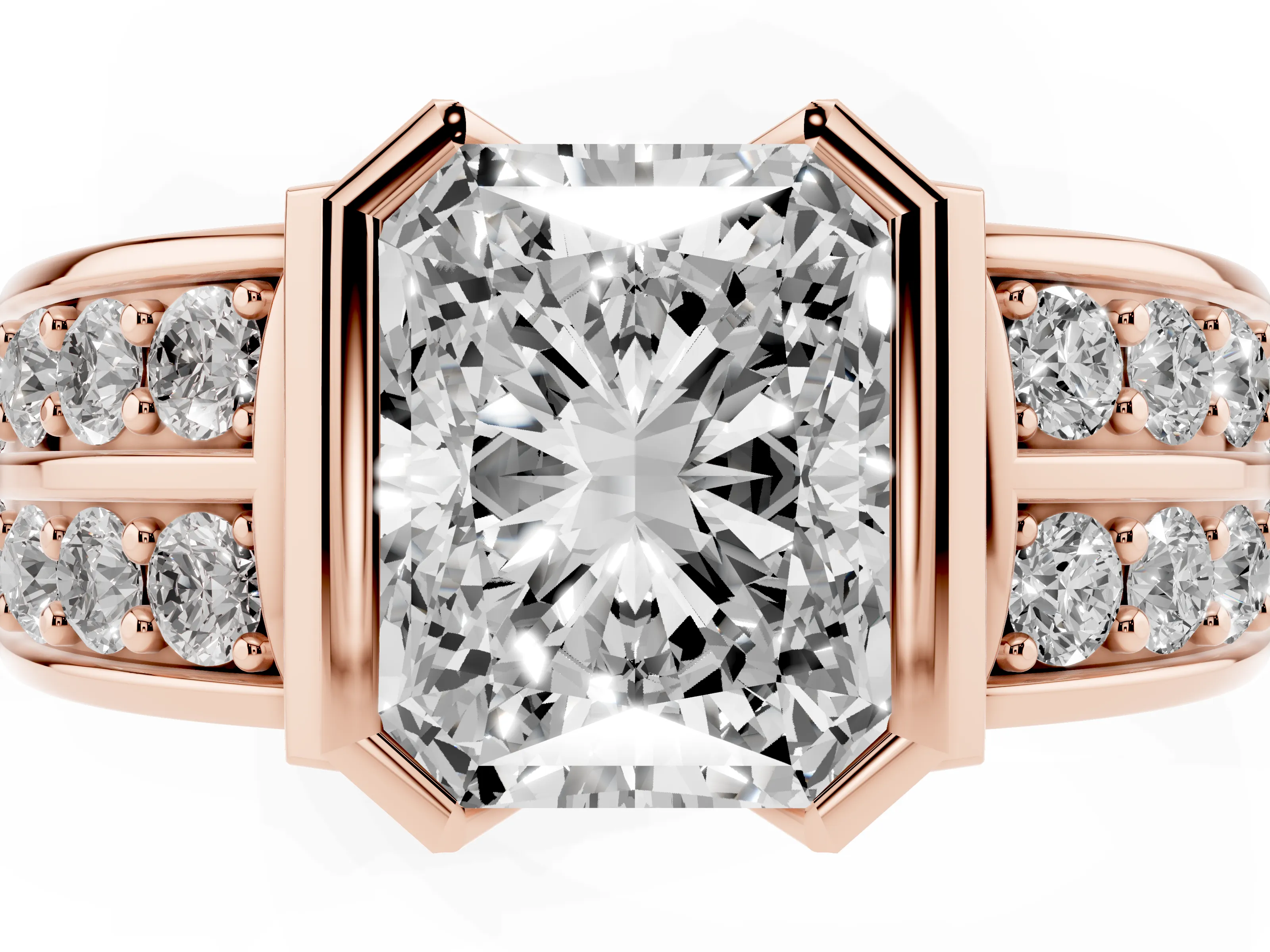 Radiant Cut Diamond Wide Channel Set Band Ring Set in Rose gold with Bezel Setting