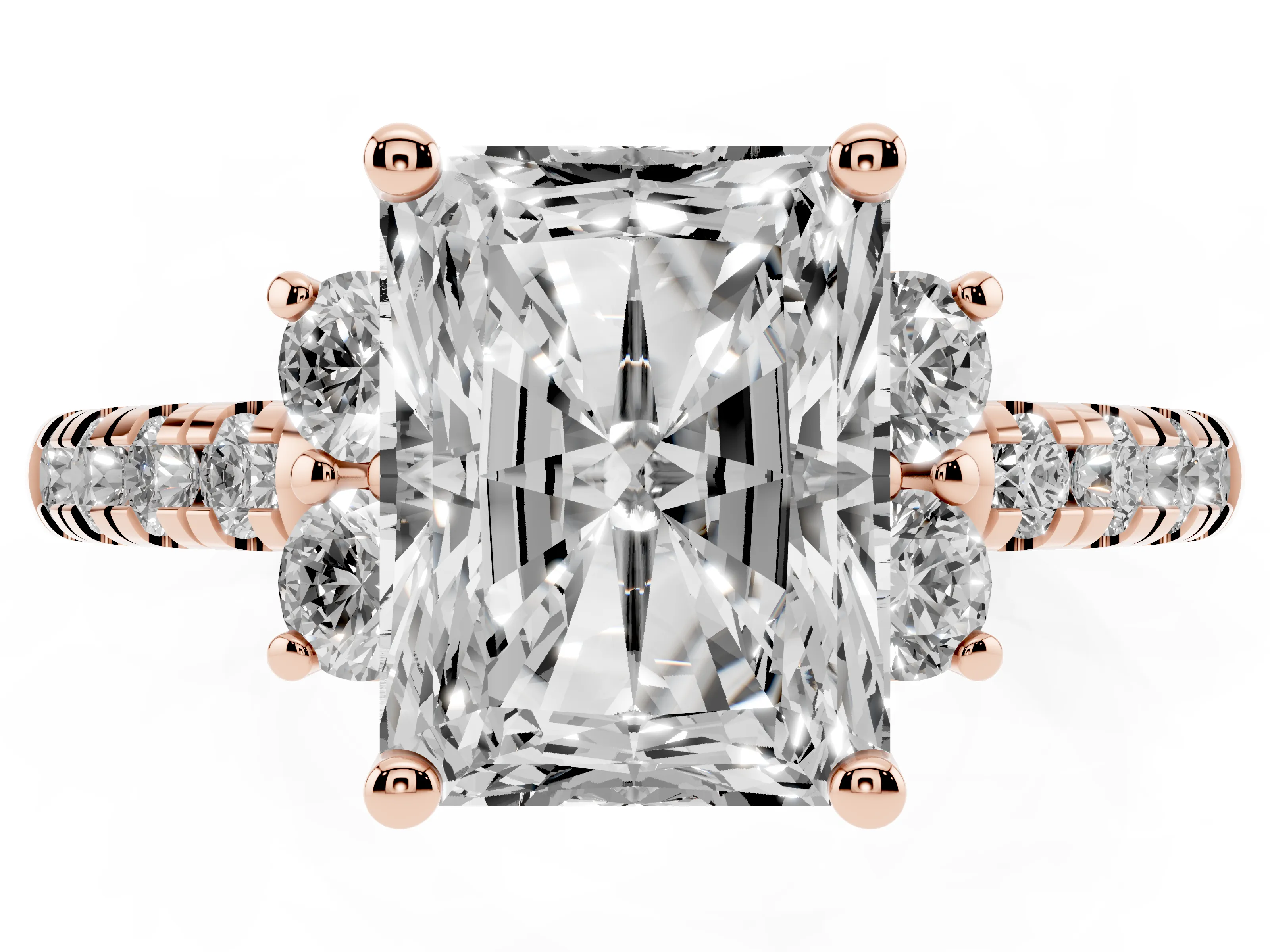 Radiant Cut Diamond Three-Stone Pavé Ring Set in Rose gold with Prong Setting