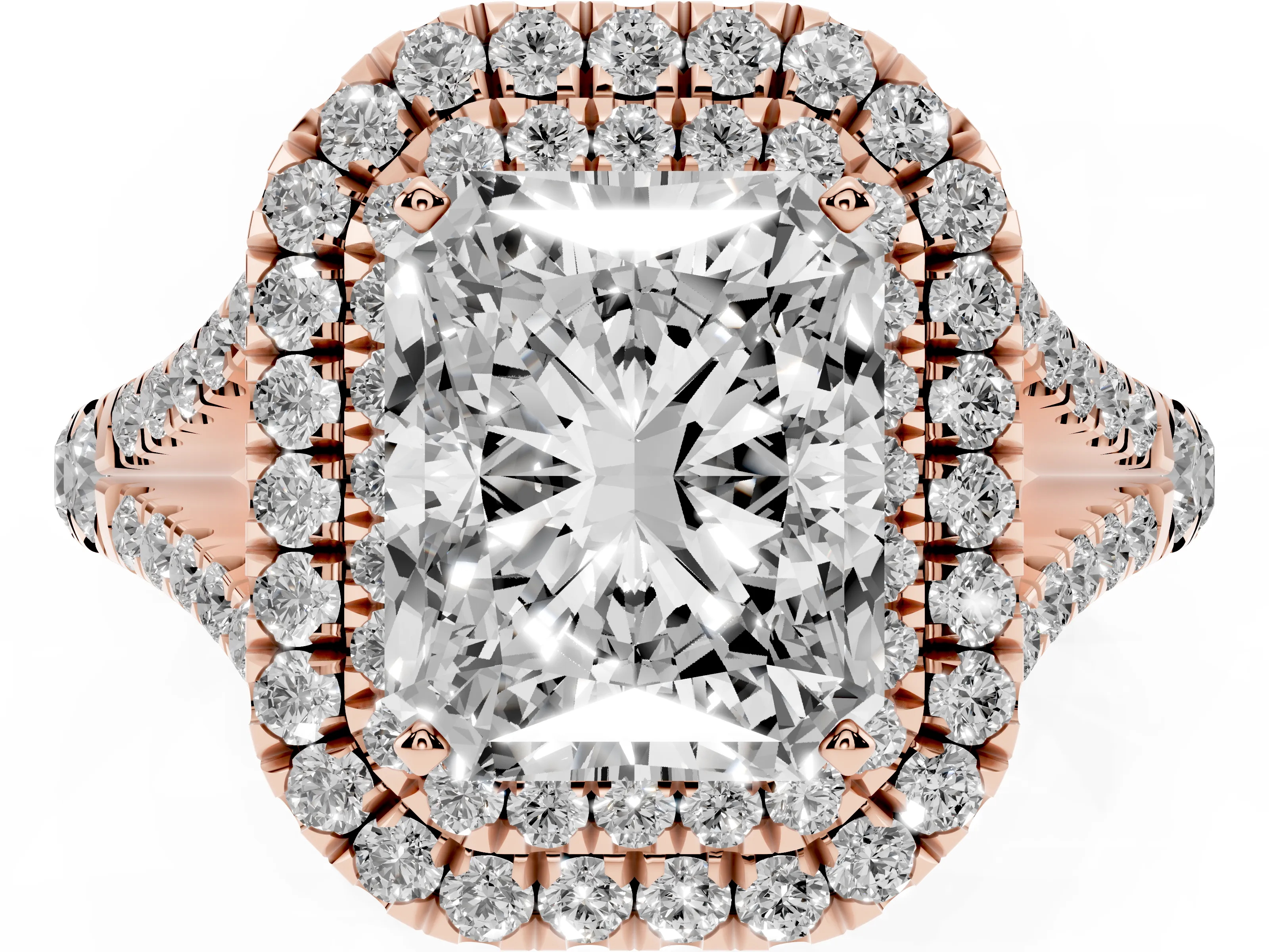 Radiant Cut Diamond Pavé Split Shank Double Halo Engagement Ring Set in Rose gold