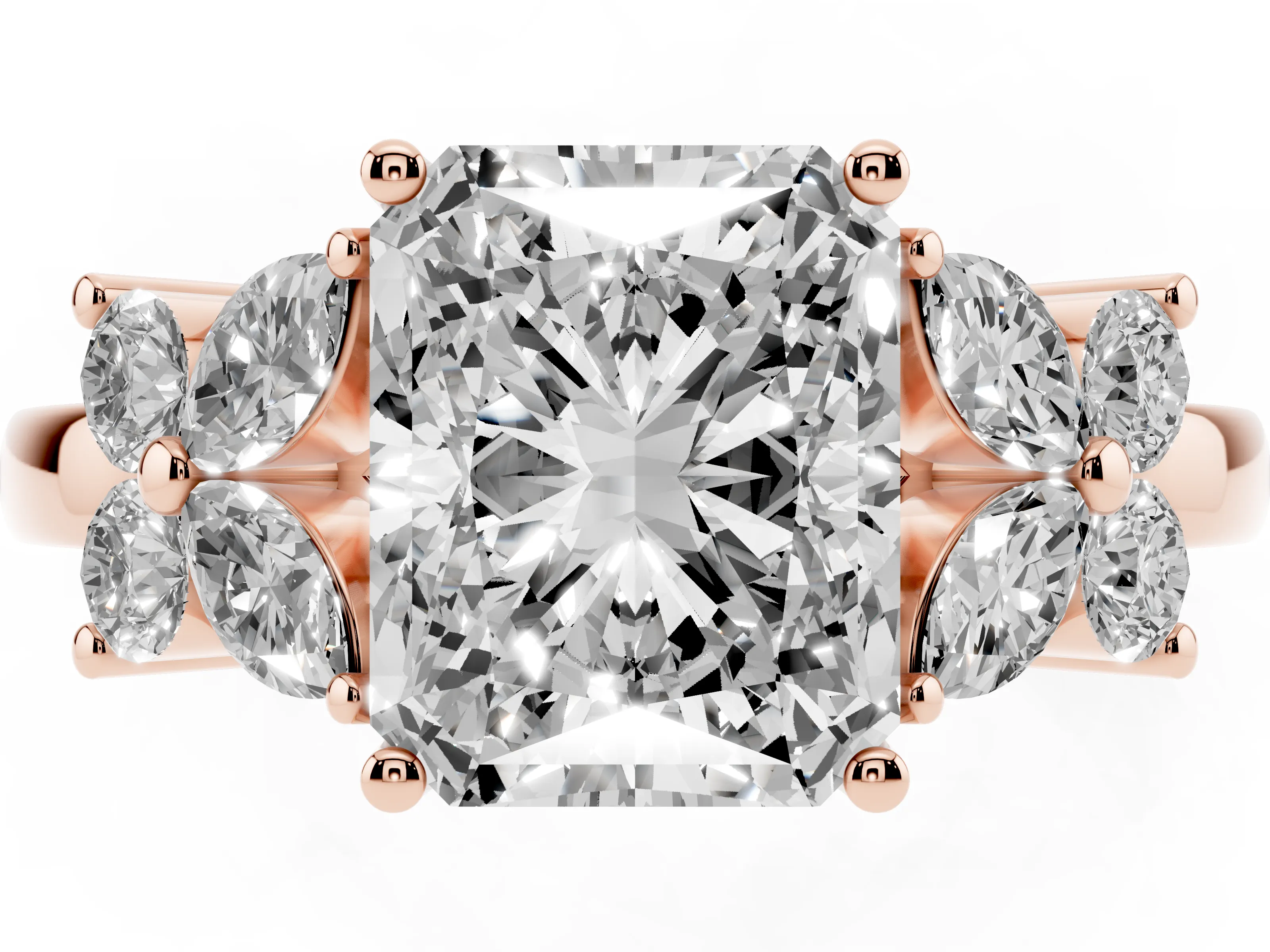 Radiant Cut Diamond Floral Cluster Ring Set in Rose gold with Marquise Petals and Prong Setting