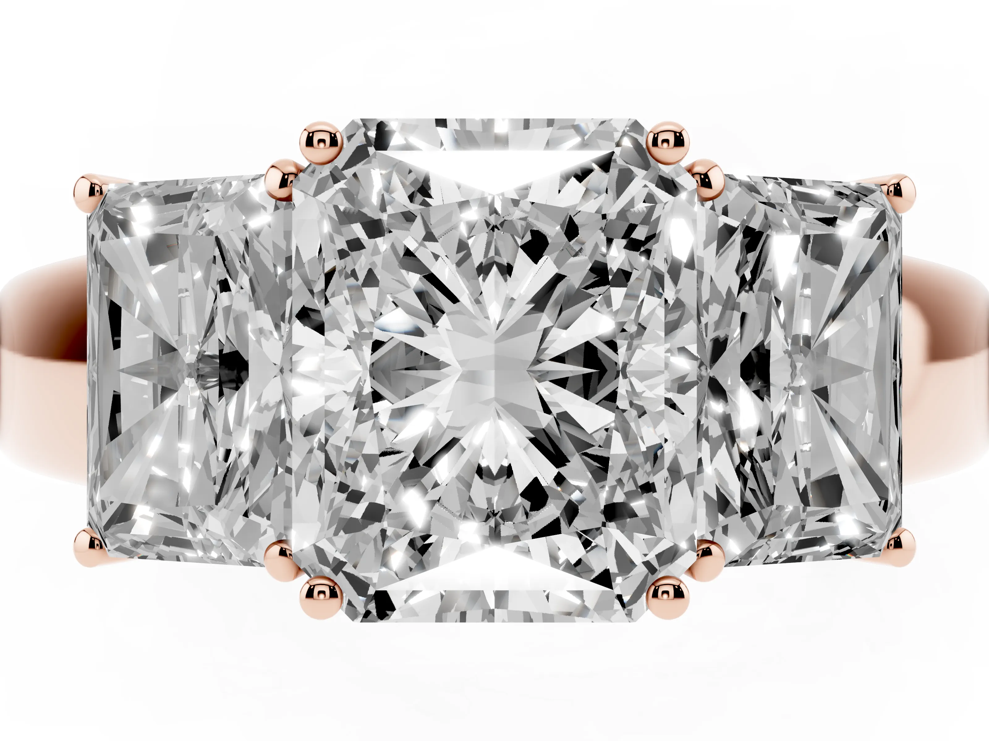 Three-Stone Radiant Cut Diamond Ring Set in Rose gold with Matching Prong Settings and Plain Band