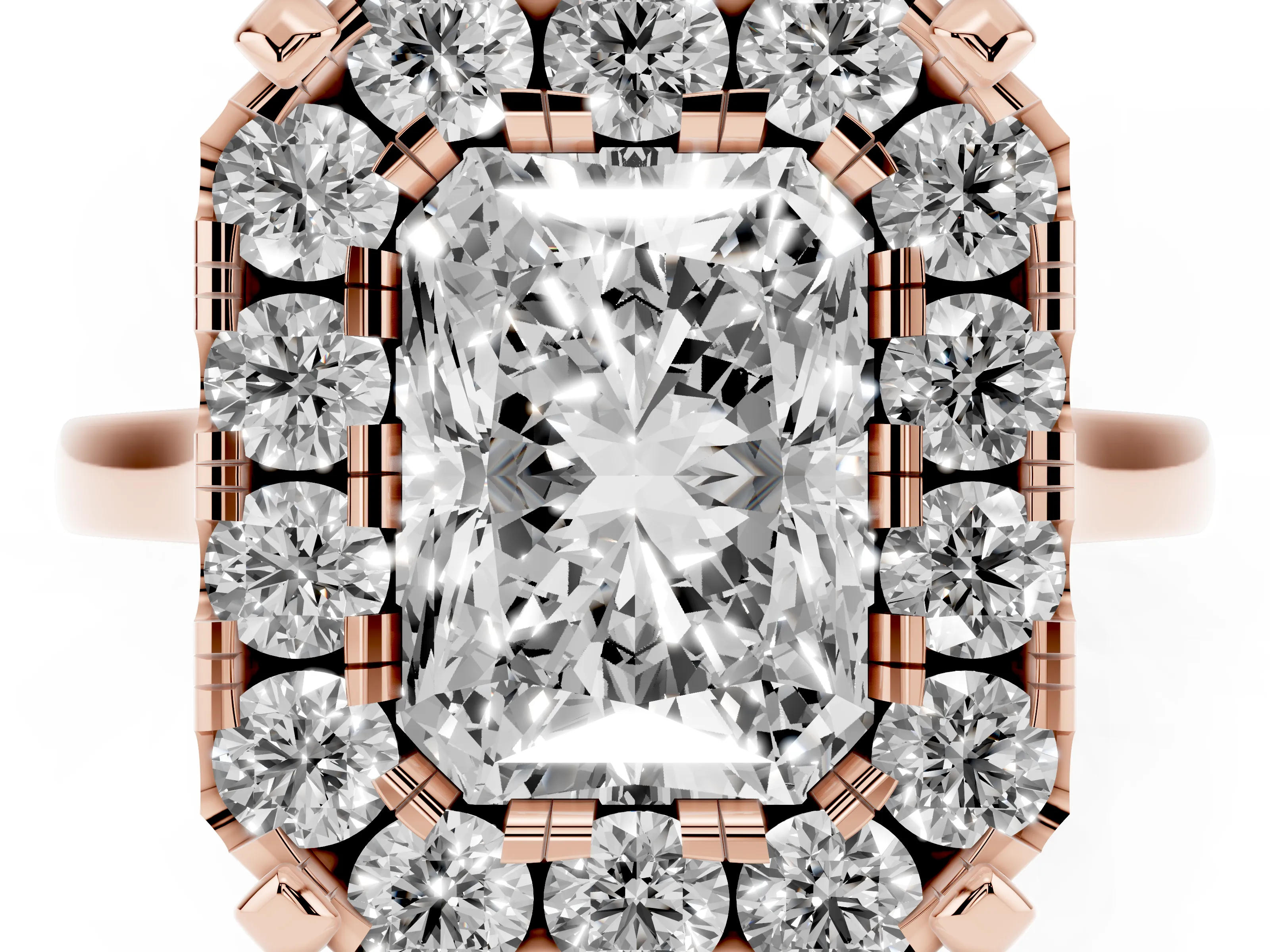Radiant Cut Diamond Cluster Halo Solitaire Ring Set in Rose gold with Prong Setting