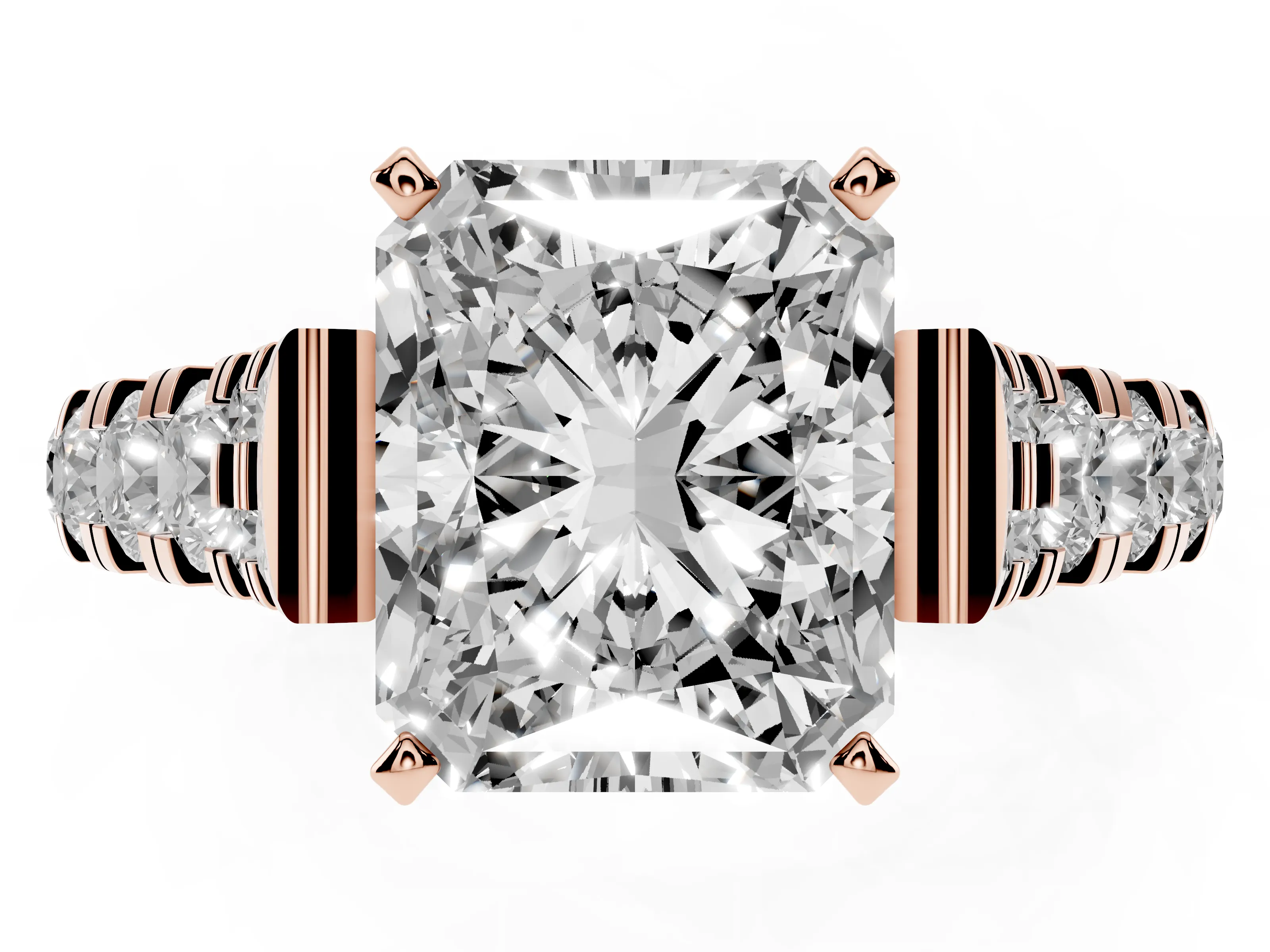 Radiant Cut Diamond Classic Solitaire Ring Set in Rose gold with Pavé Band and Prong Setting