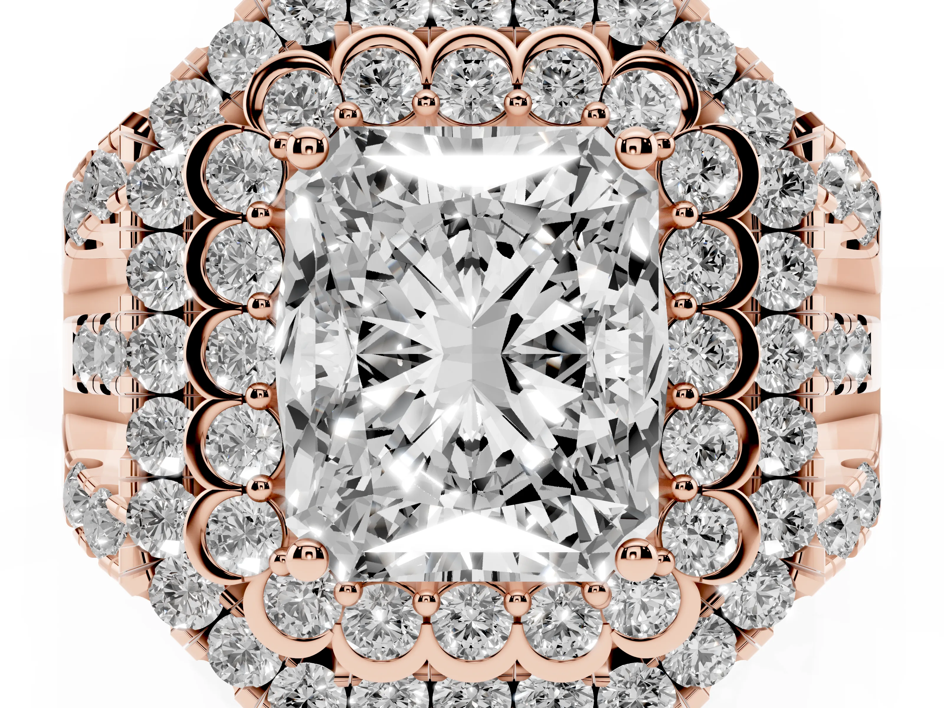 Radiant Cut Diamond Double Halo Ring Set in Rose gold with Round Pavé Split Shank
