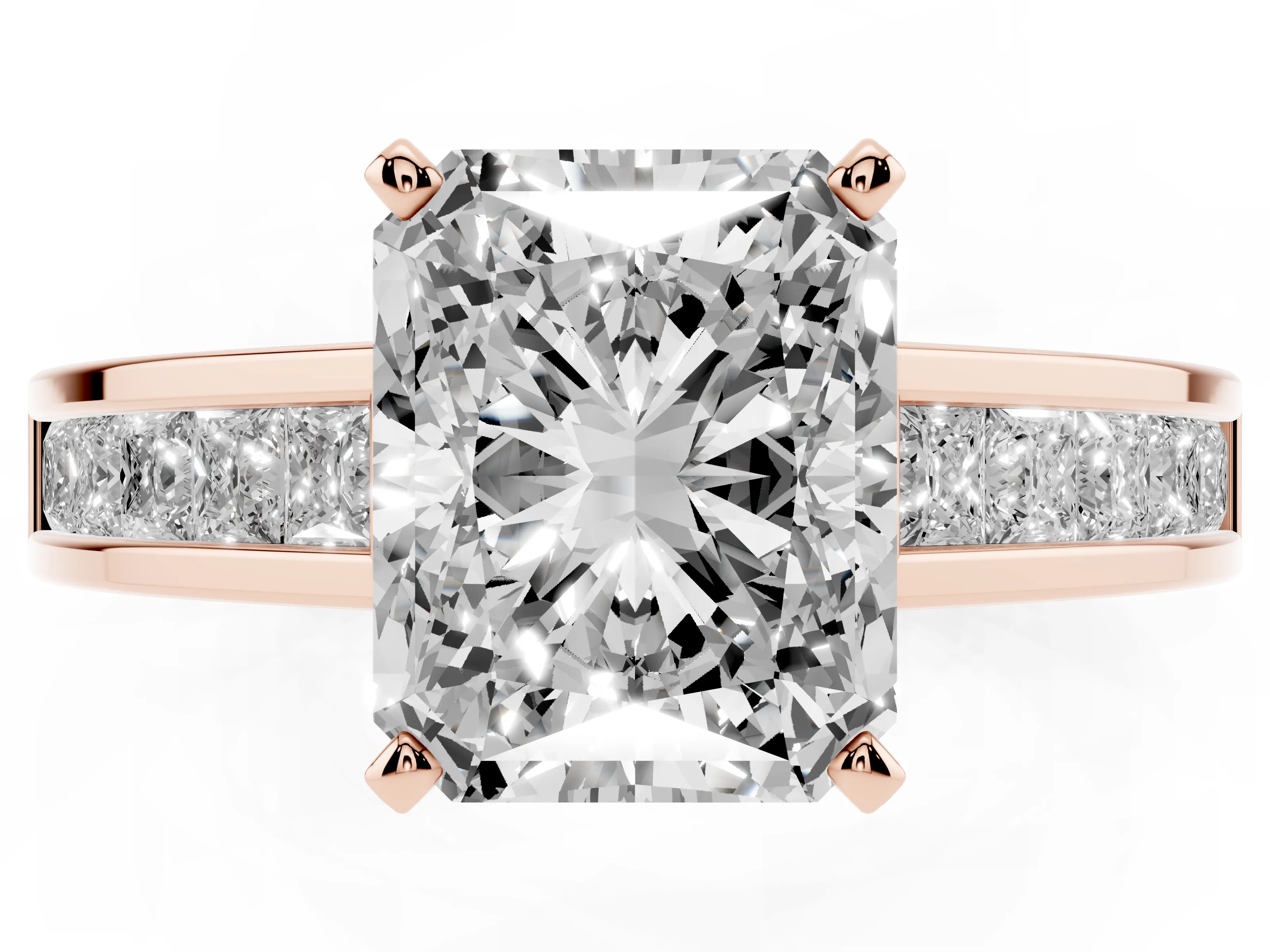 Radiant Cut Diamond Solitaire Ring Set in Rose gold with Channel-Set Band and Prong Setting