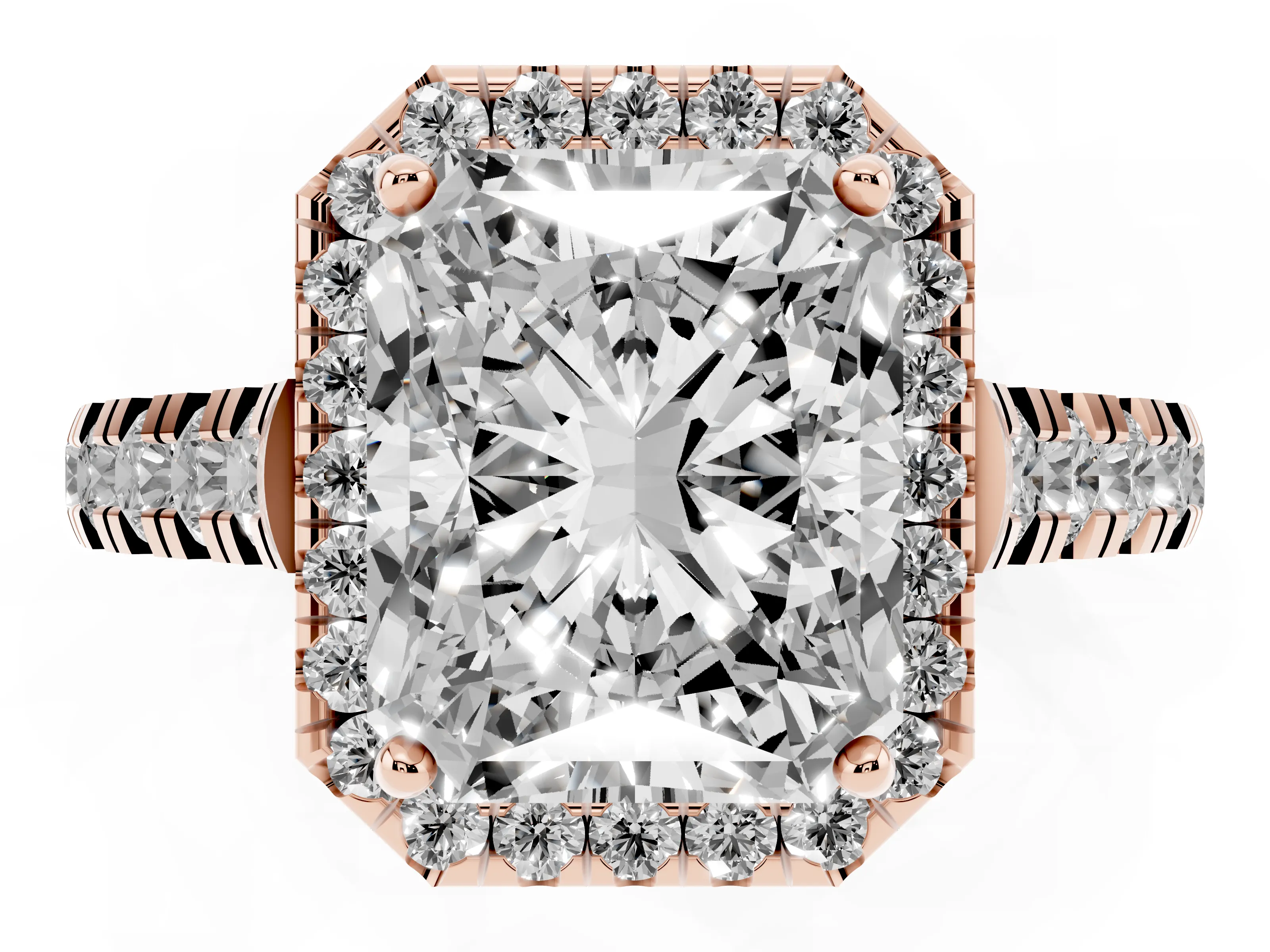 Radiant Cut Diamond Halo Engagement Ring Set in Rose gold with Pavé Band and Prong-Set Center