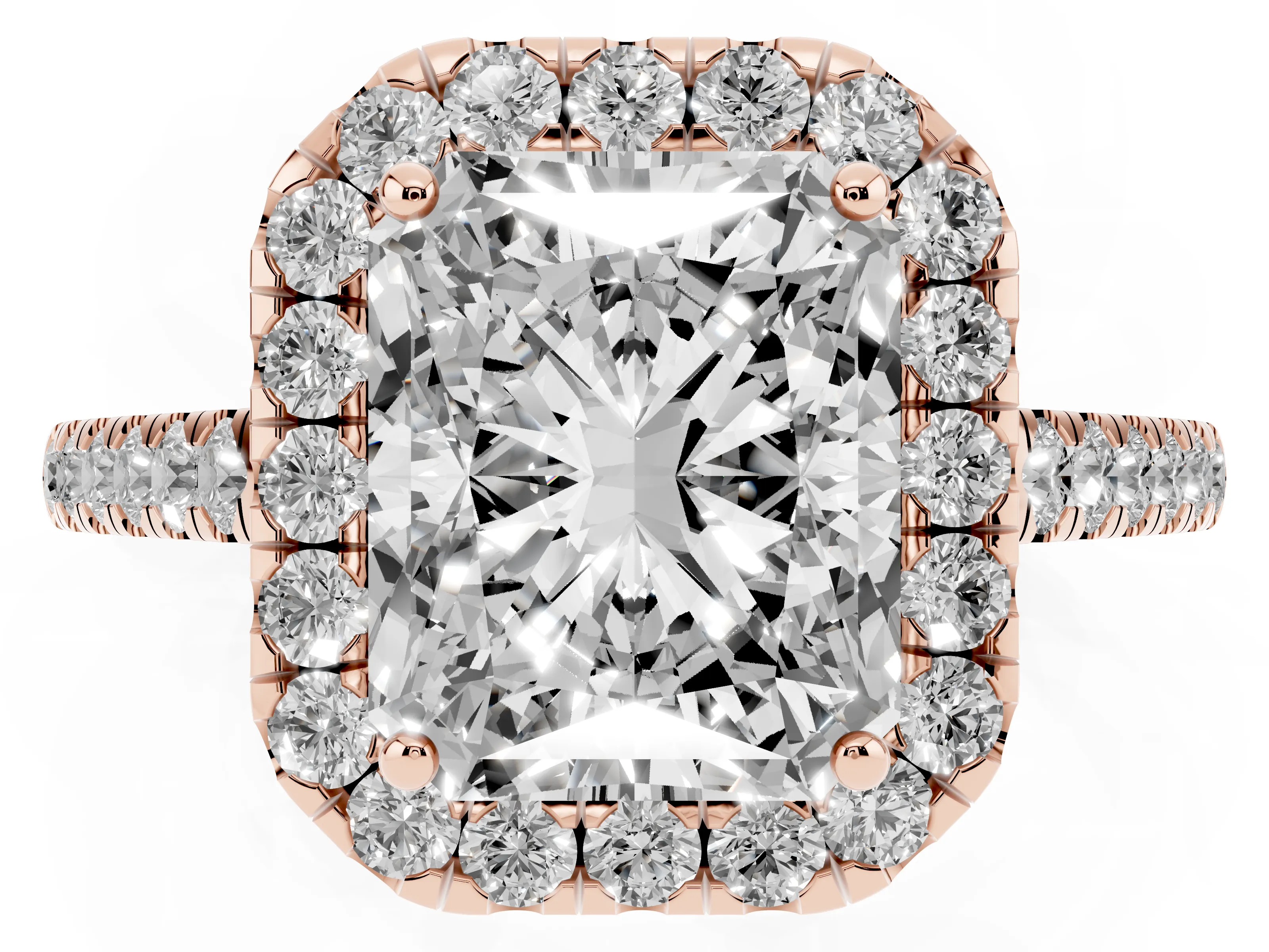 Radiant Cut Diamond Halo Pavé Engagement Ring Set in Rose gold with Prong Setting