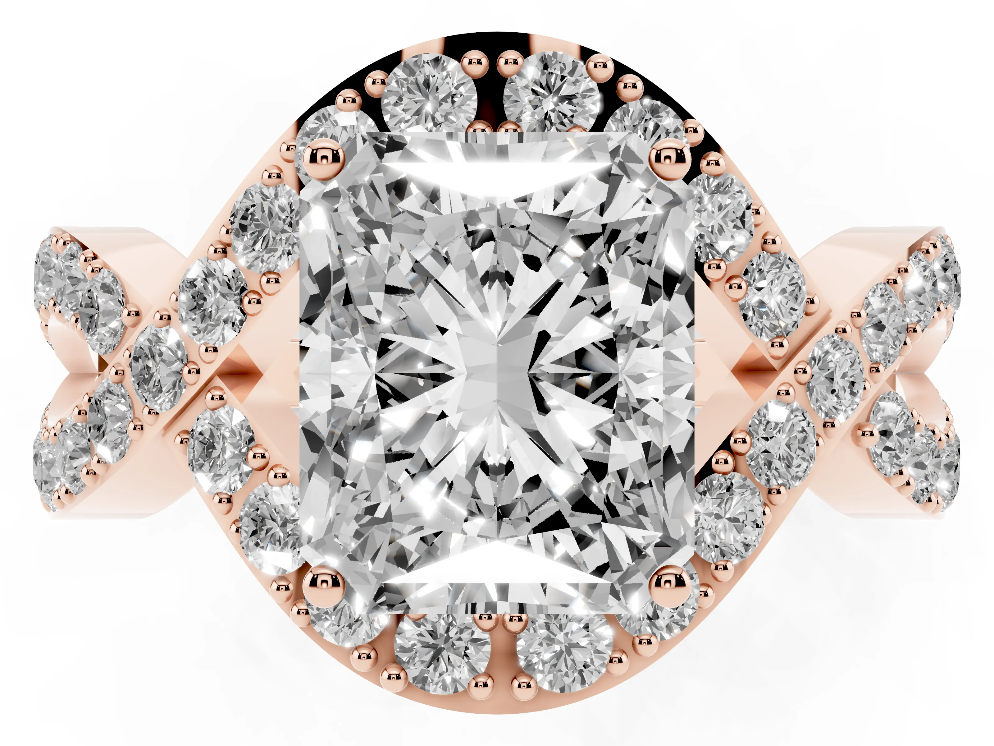 Radiant Cut Diamond Solitaire Twist Band Pavé Engagement Ring Set in Rose gold