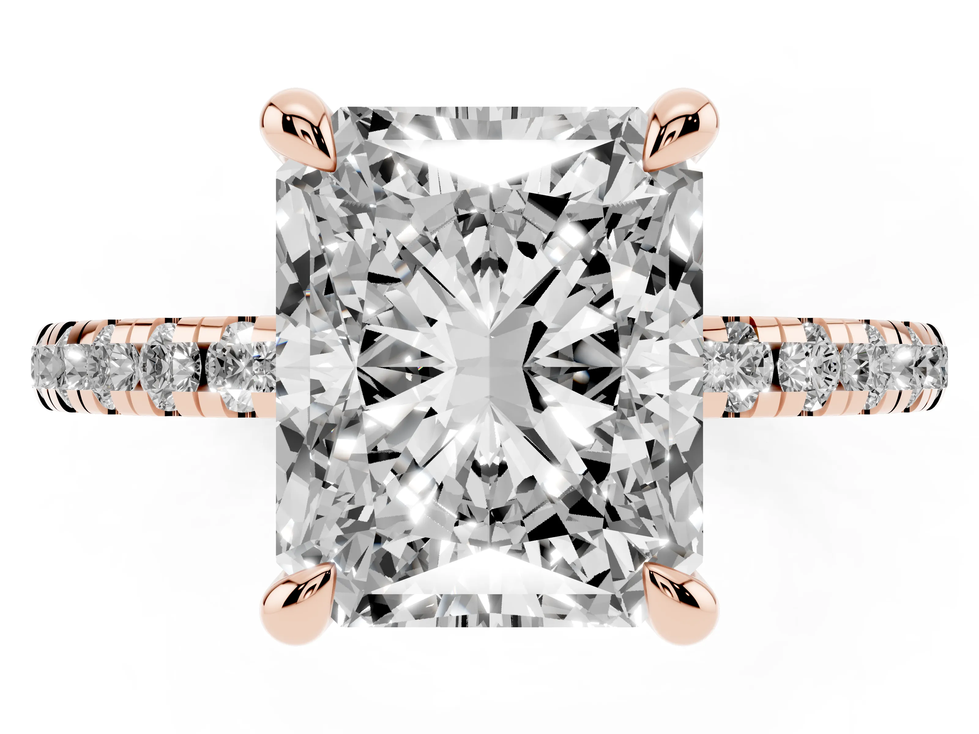 Radiant Cut Diamond Brilliant Solitaire Ring Set in Rose gold with Pavé Band and Prong Setting