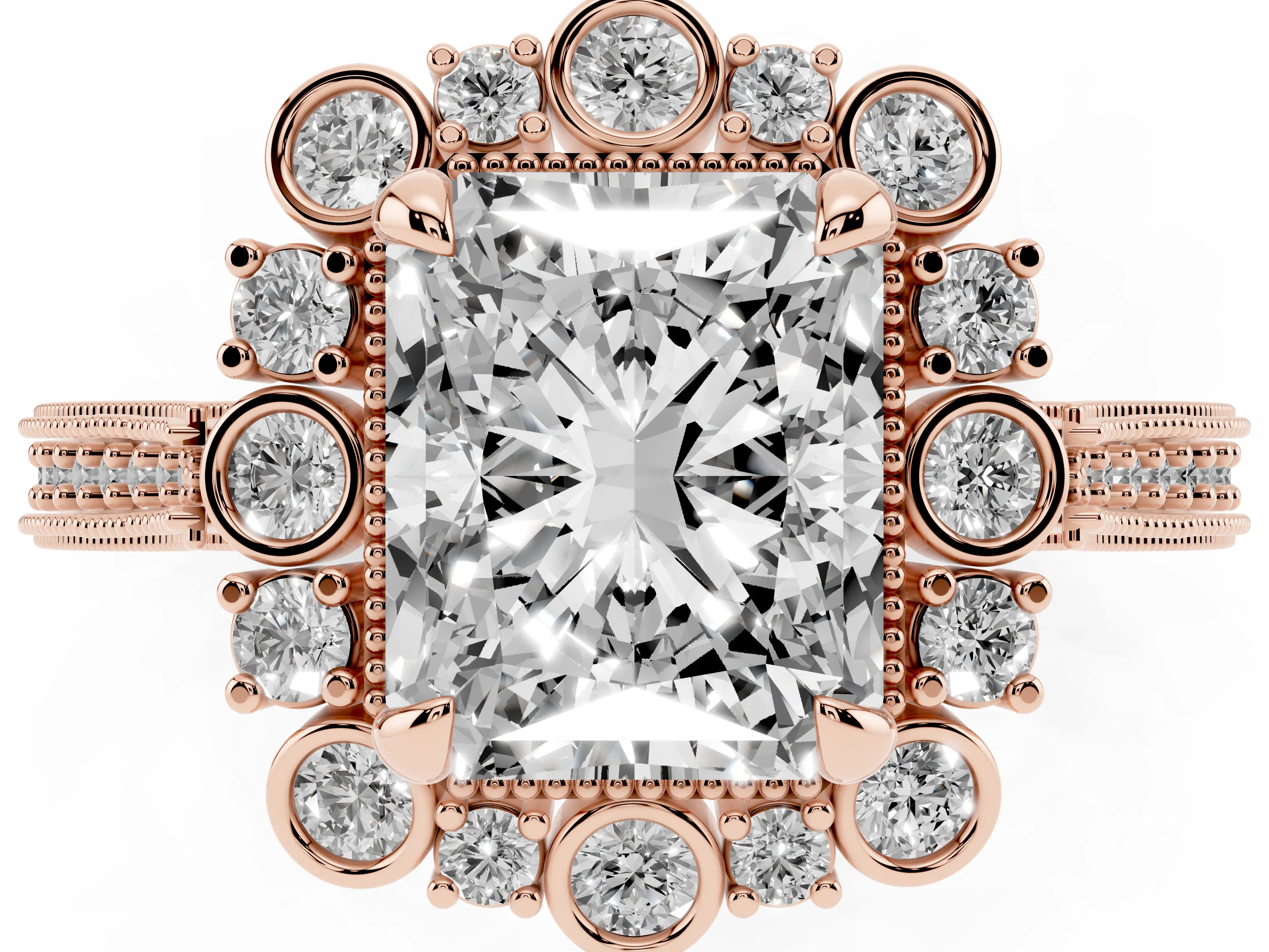 Radiant Cut Diamond Halo Milgrain Pavé Ring Set in Rose gold with Prong Setting