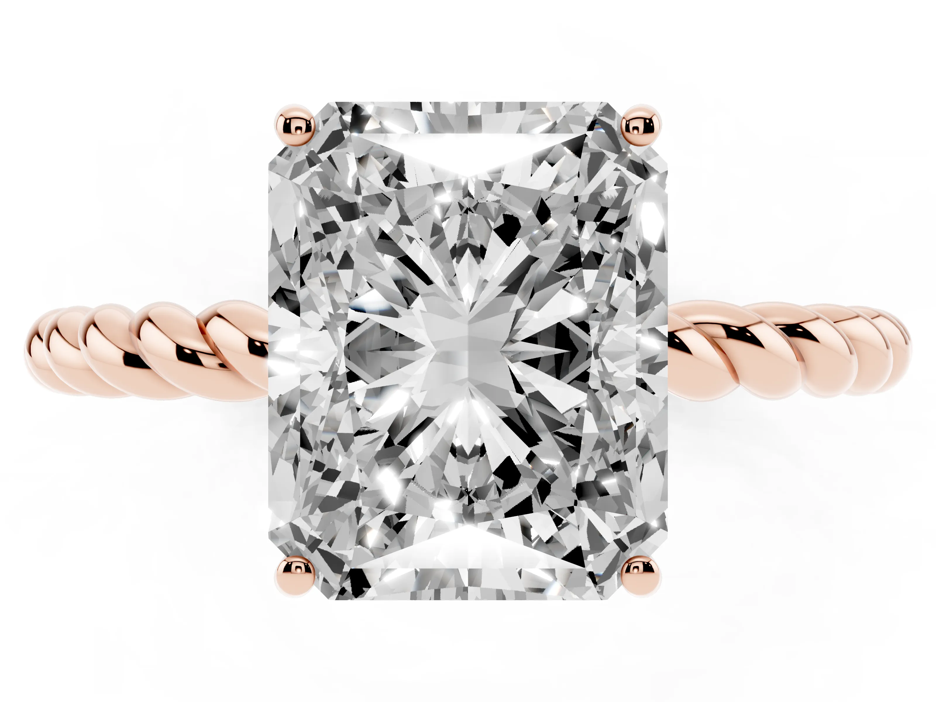 Radiant Cut Diamond Solitaire Ring Set in Rose gold with Twist Band and Prong Setting
