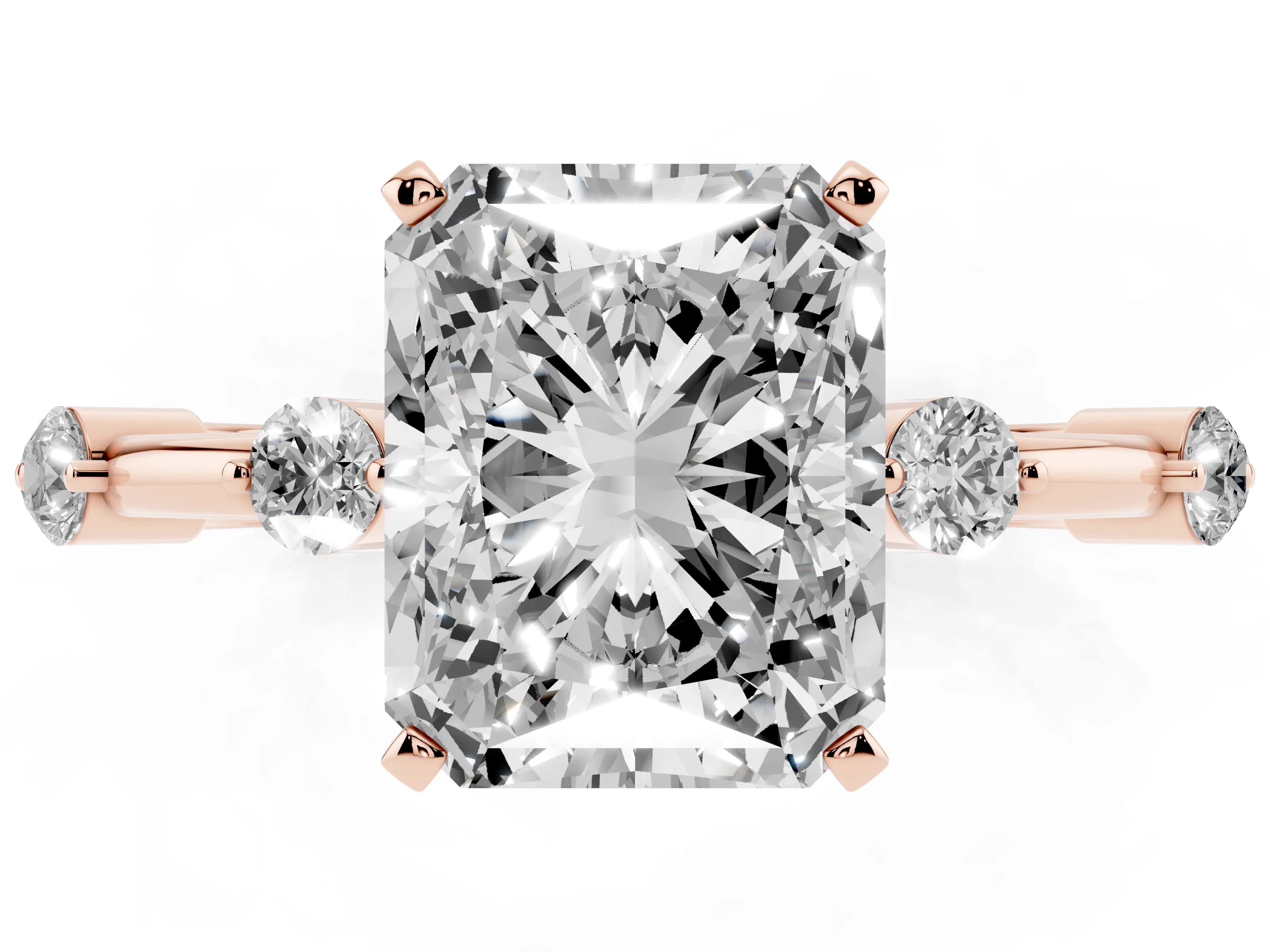 Radiant Cut Diamond Solitaire Ring Set in Rose gold with Bezel Set Side Stones and Prong Setting