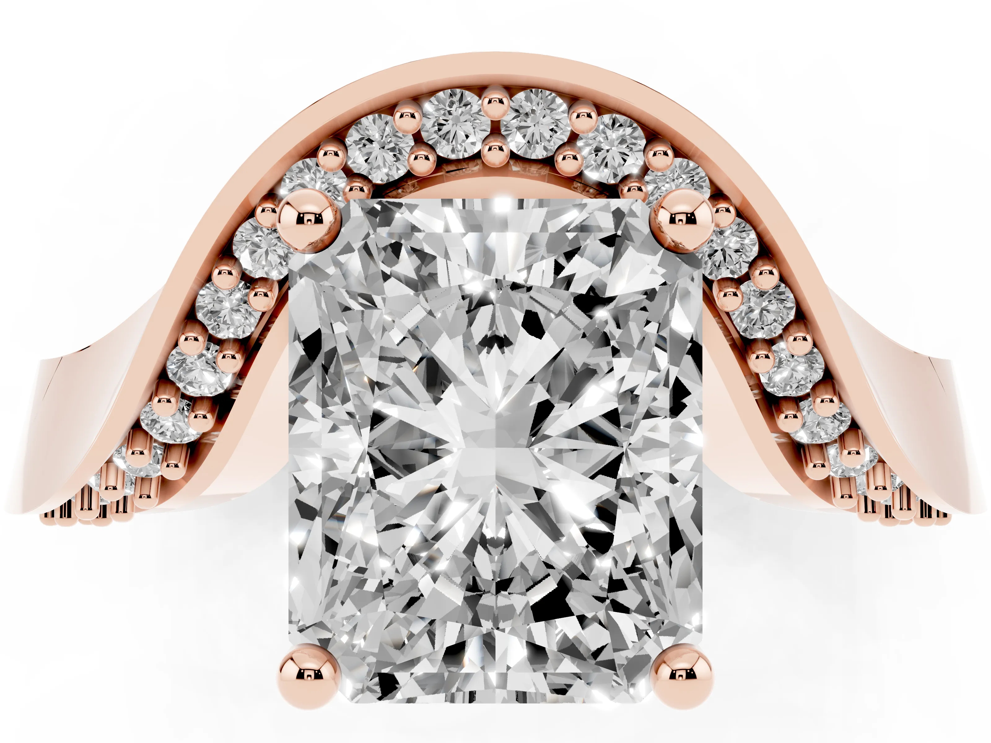 Radiant Cut Diamond Solitaire Engagement Ring Set in Rose gold with Pavé Shoulders