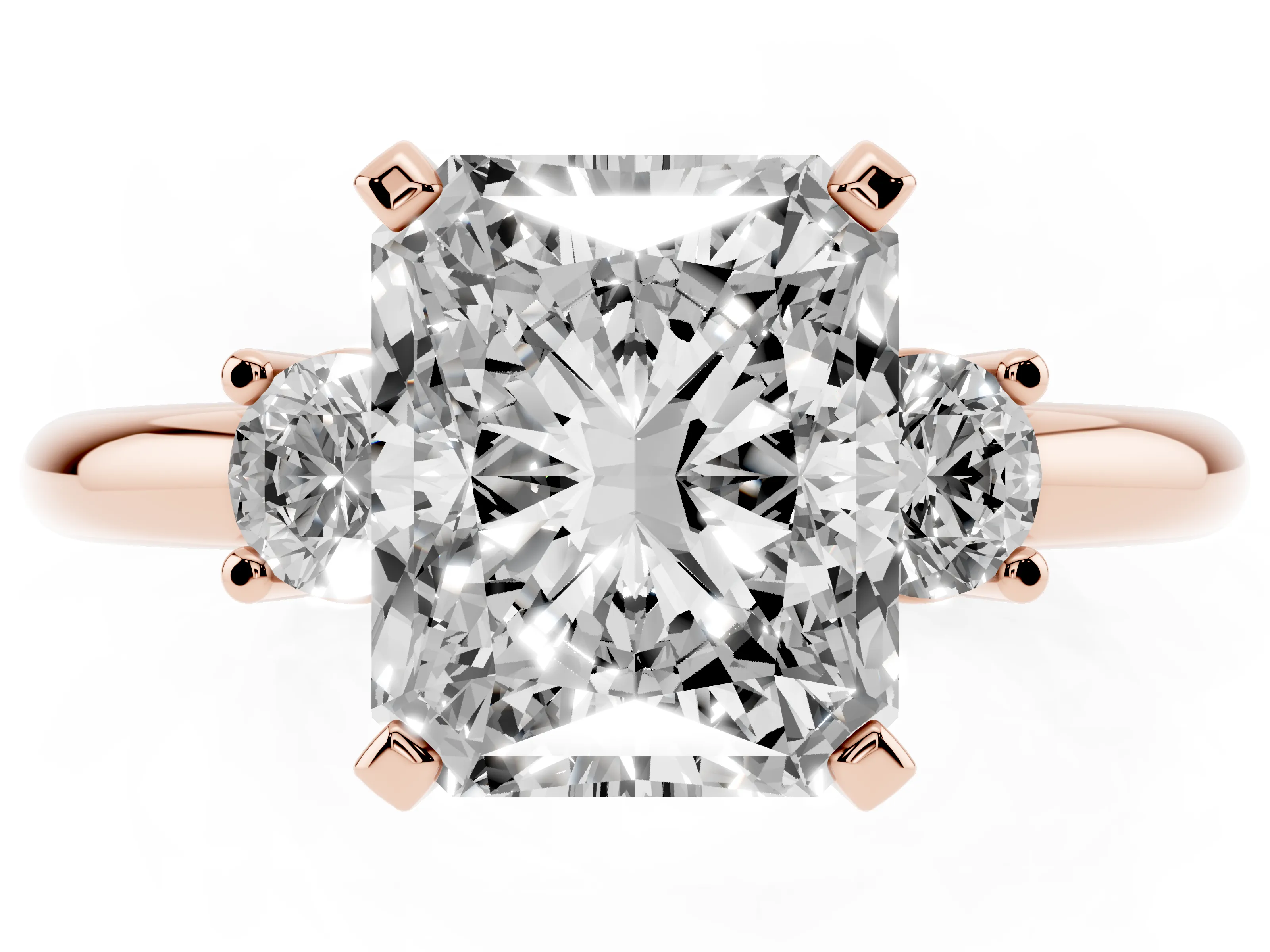 Three-Stone Radiant Cut Diamond Ring Set in Rose gold with Prong Setting and Plain Band