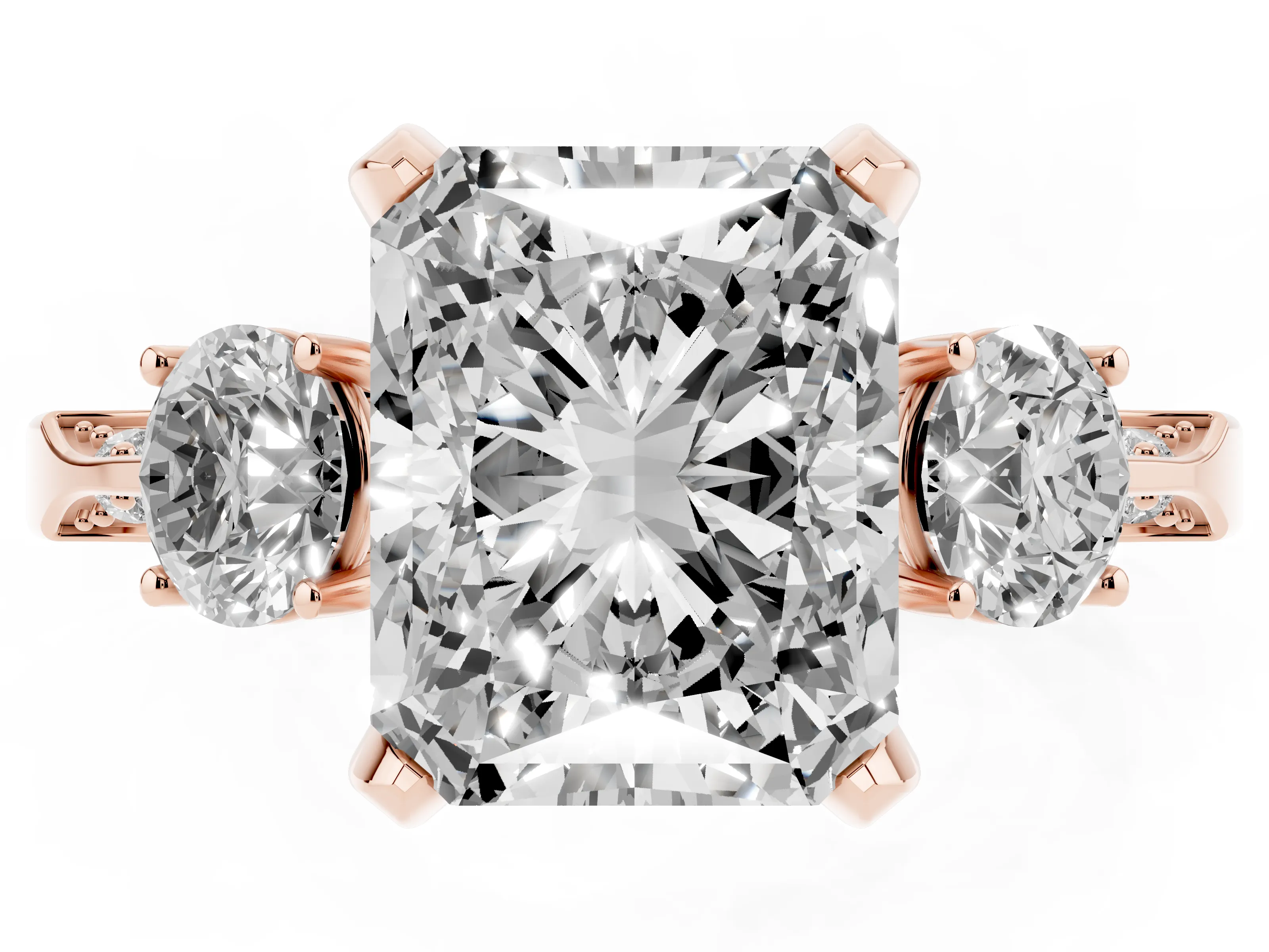 Radiant Cut Diamond Three-Stone Ring Set in Rose gold with Pavé Band and Smaller Side Stones