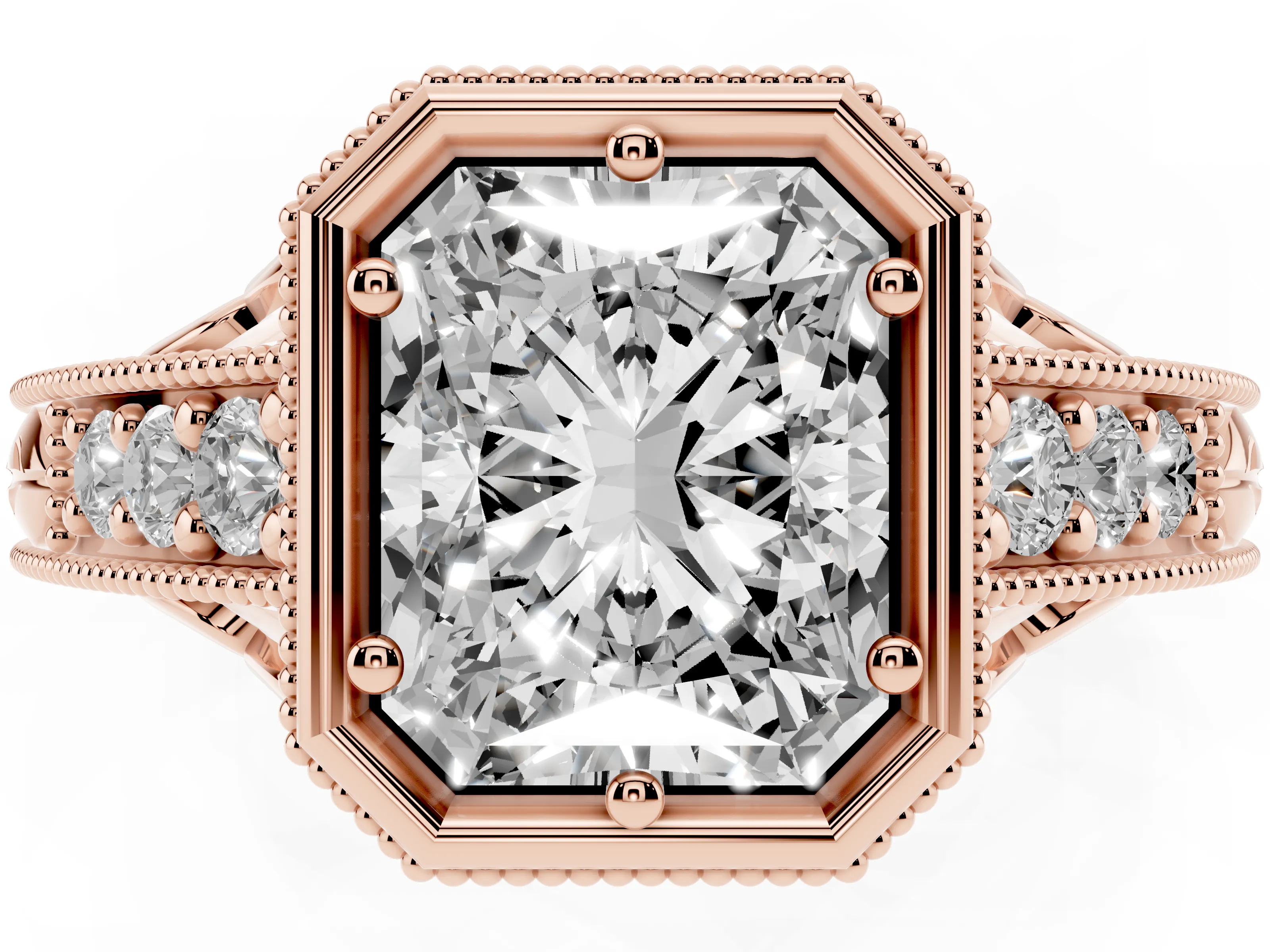 Bezel Set Radiant Cut Diamond Milgrain Pavé Engagement Ring Set in Rose gold