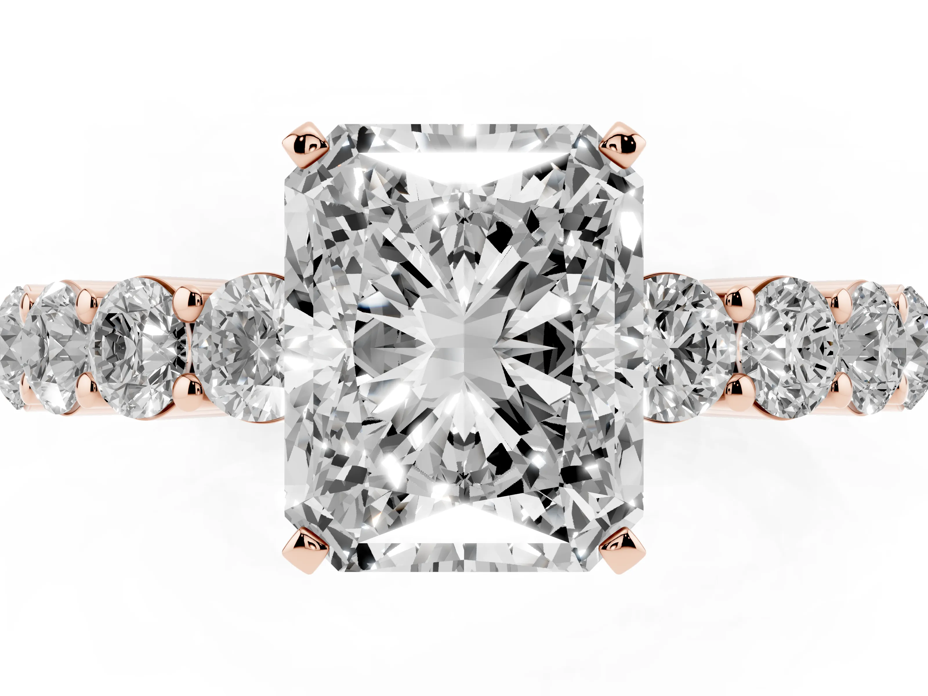 Radiant Cut Diamond Solitaire Ring Set in Rose gold with Shared Prong Round Side Stones