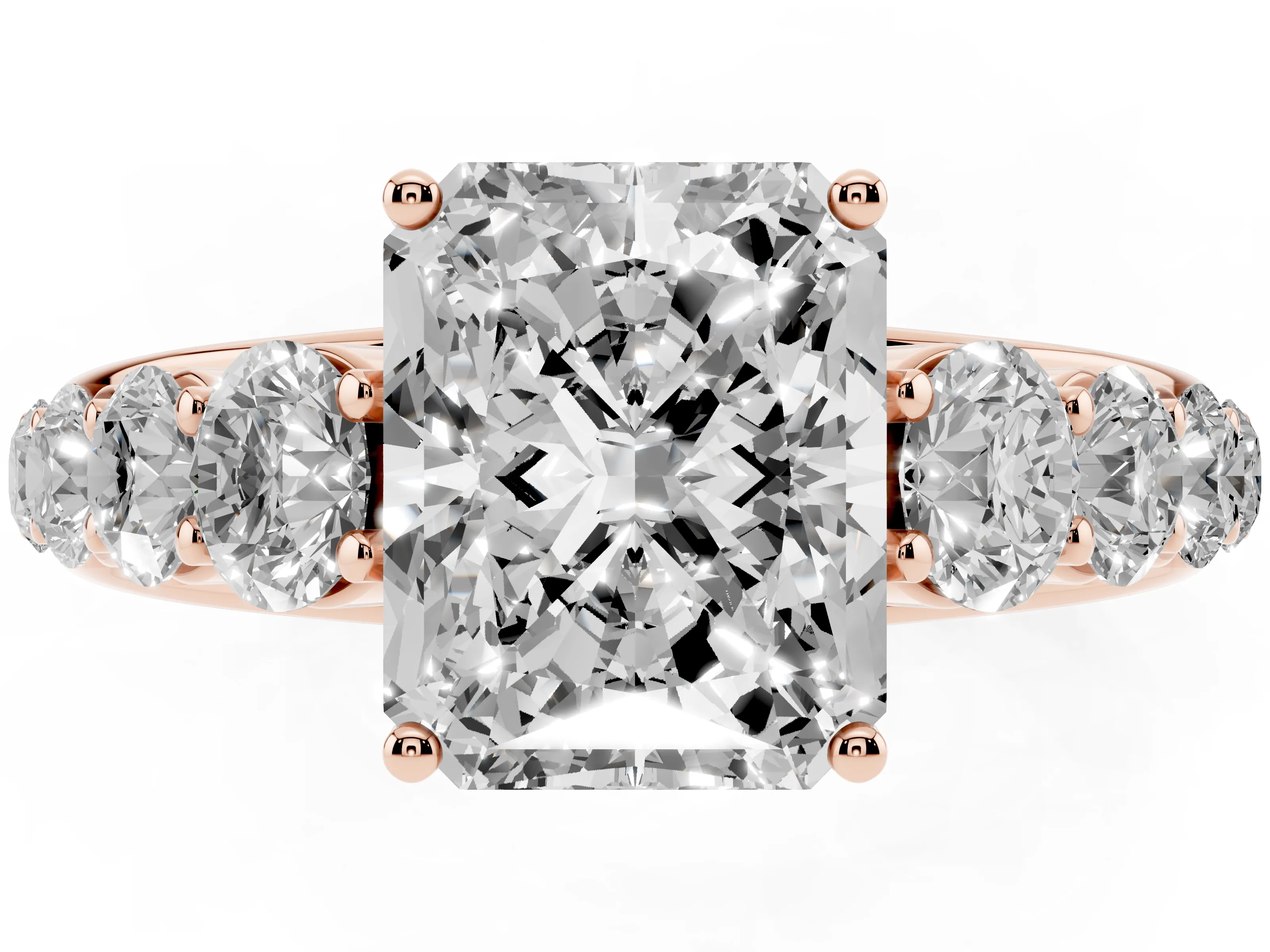 Radiant Cut Diamond Solitaire Ring Set in Rose gold with Pavé-Set Band and Prong Setting