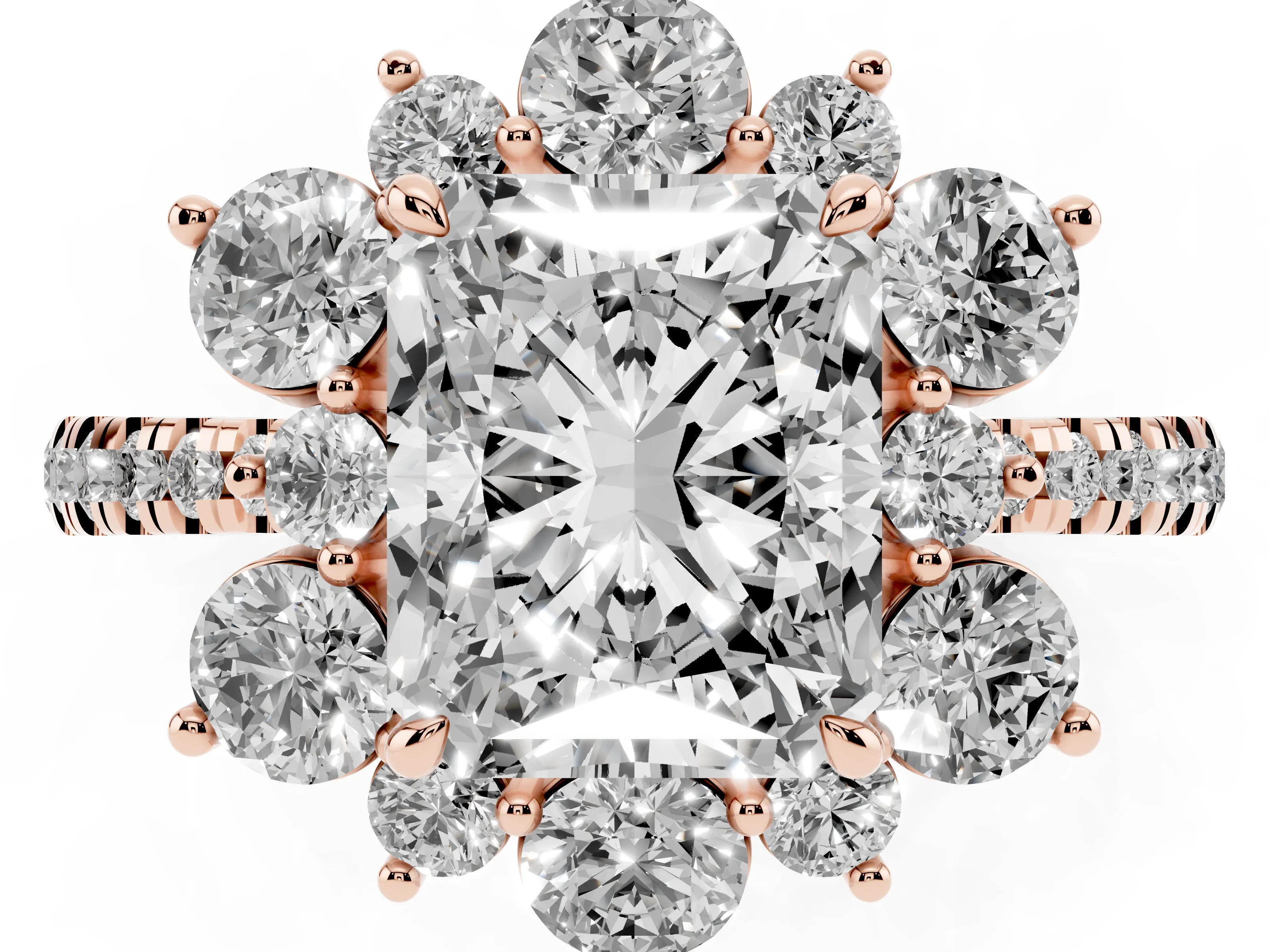 Radiant Cut Diamond Floral Halo Ring Set in Rose gold with Round Pavé Band and Prong Setting