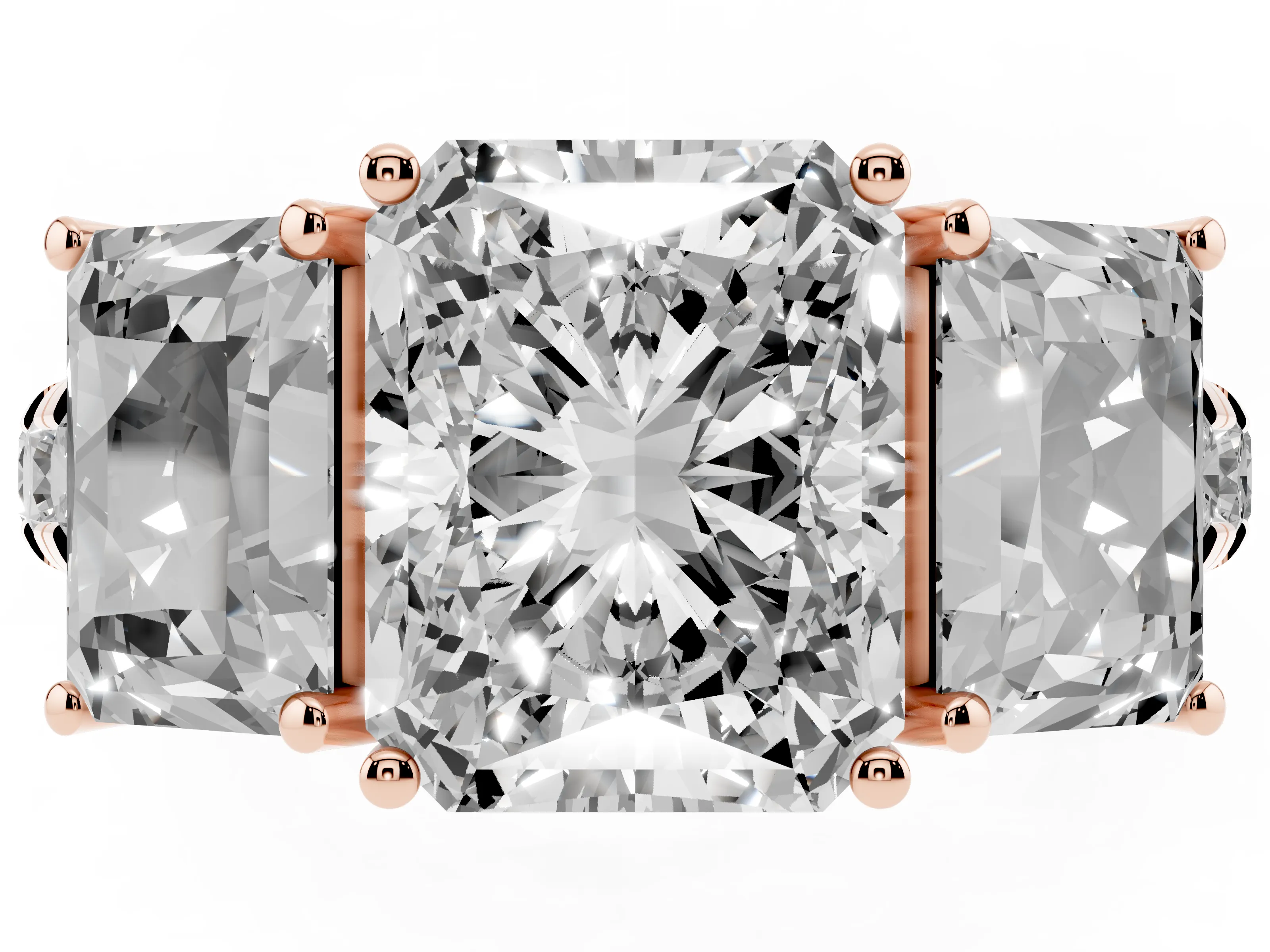 Radiant Cut Diamond Three-Stone Ring Set in Rose gold with Pavé Band