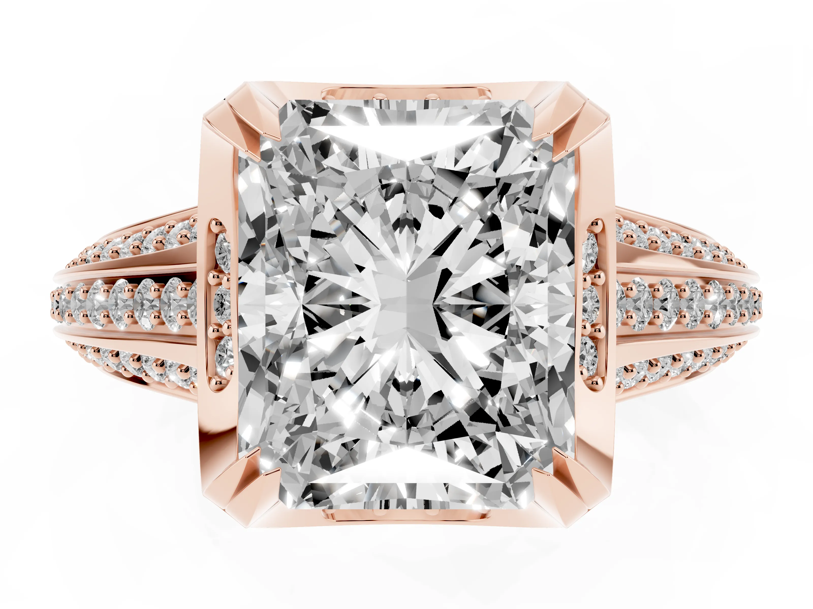 Radiant Cut Diamond Pavé Split Shank Solitaire Ring Set in Rose gold with Prong Setting