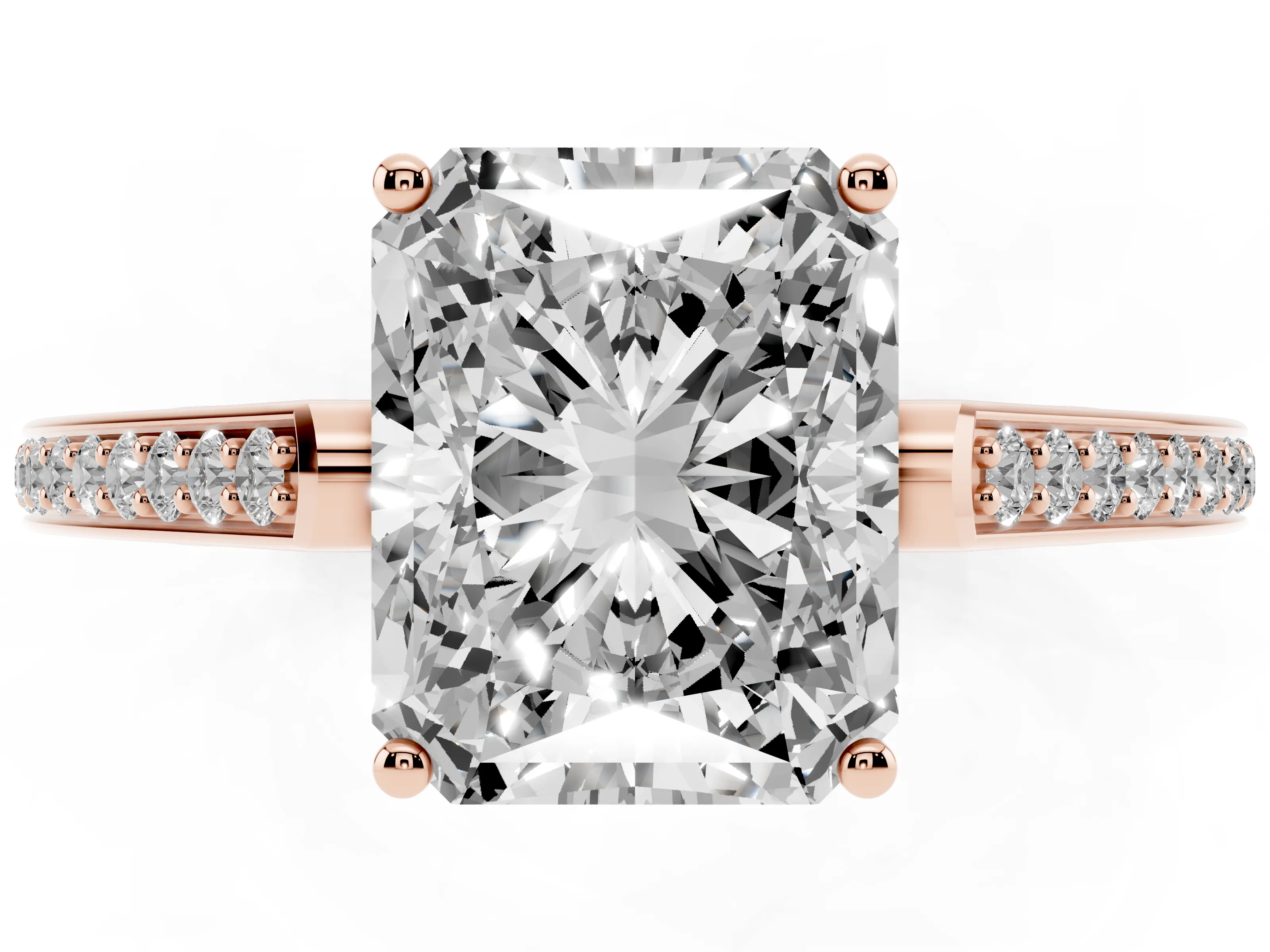 Radiant Cut Diamond Cathedral Pavé Engagement Ring Set in Rose gold with Prong Setting
