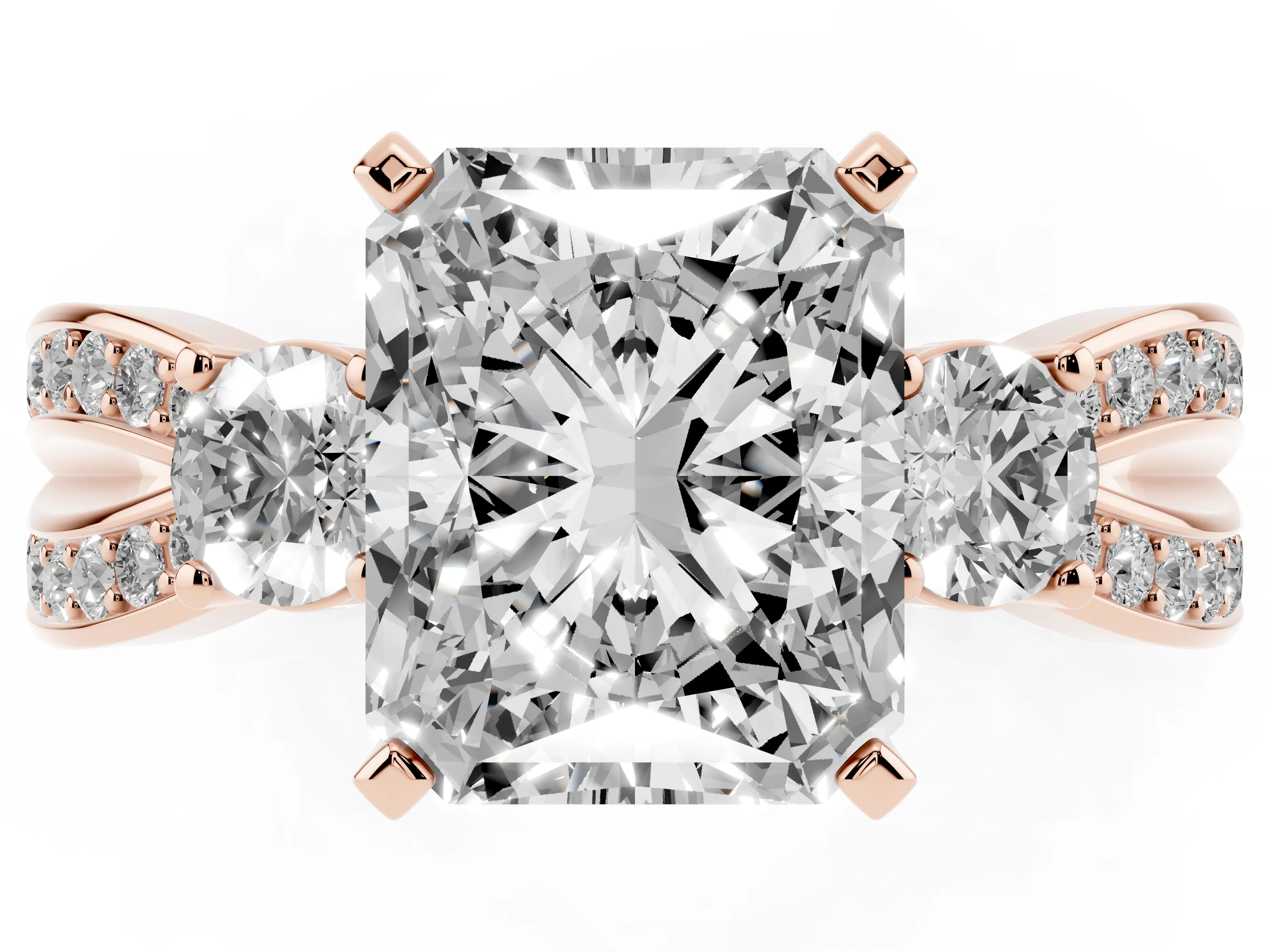 Three-Stone Radiant Cut Diamond Twist Band Ring Set in Rose gold with Pavé Accents and Prong Setting